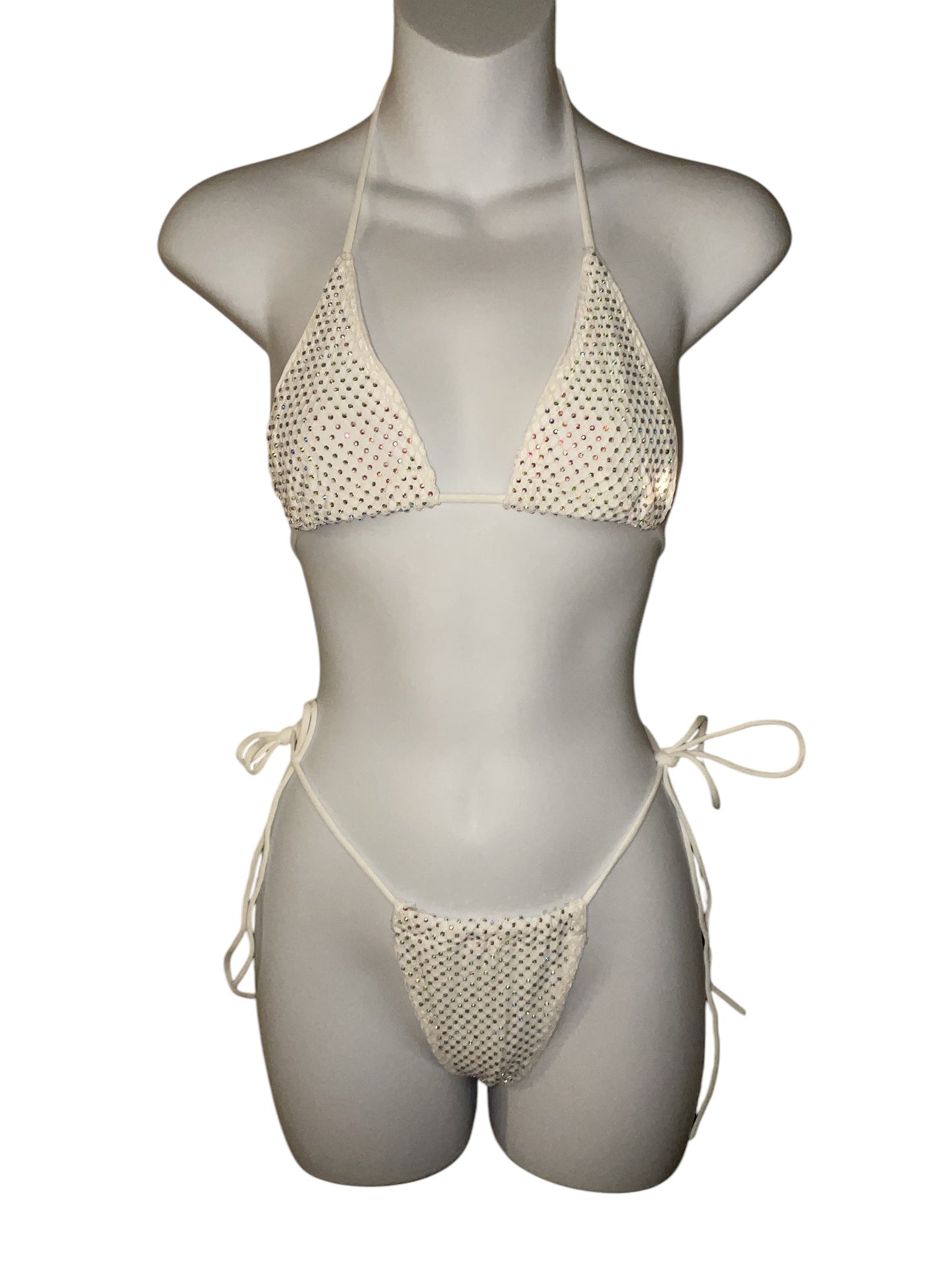 Rhinestone fishnet bikini white