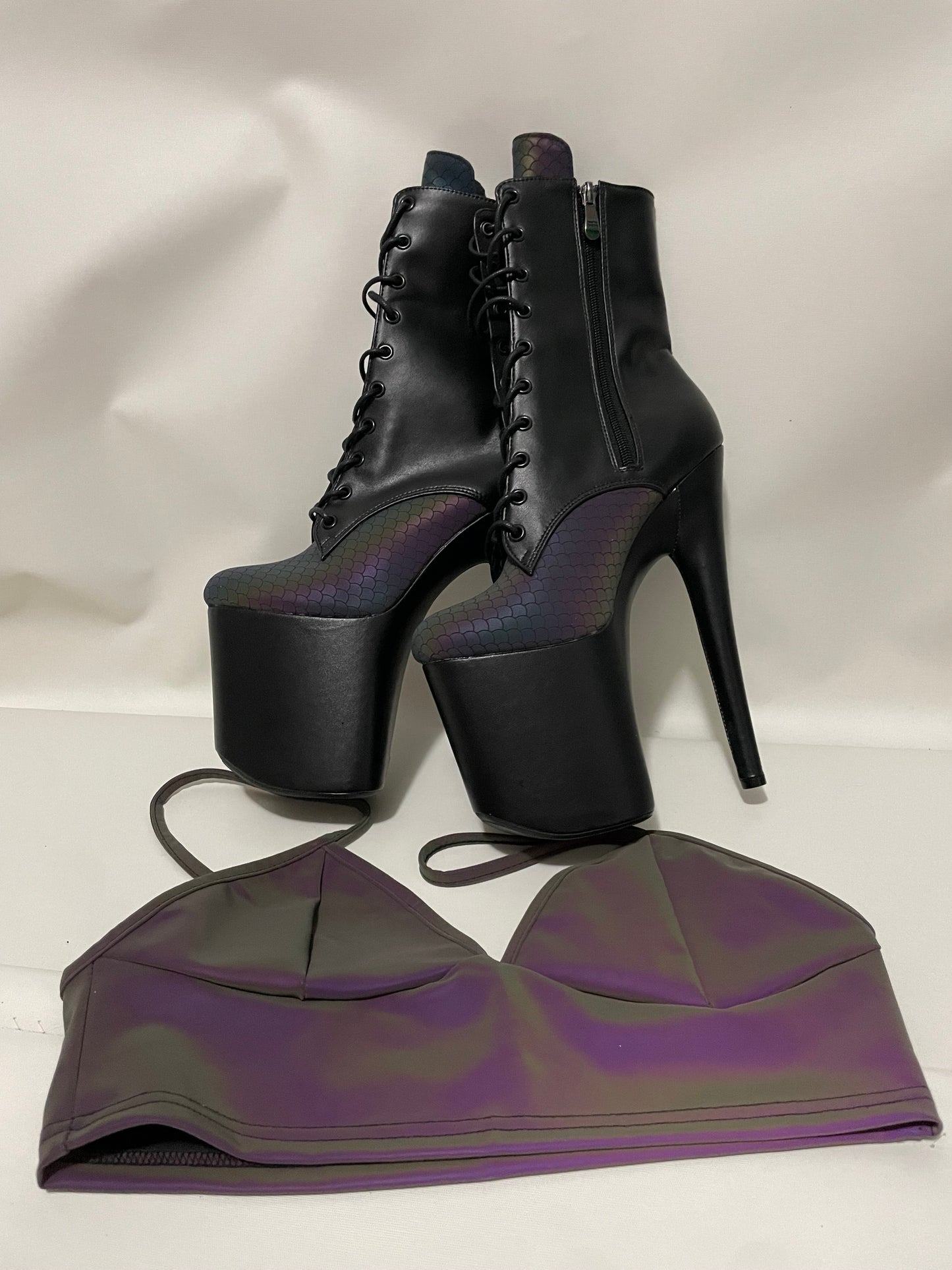 Reflective mermaid + matte black boots 8 inch