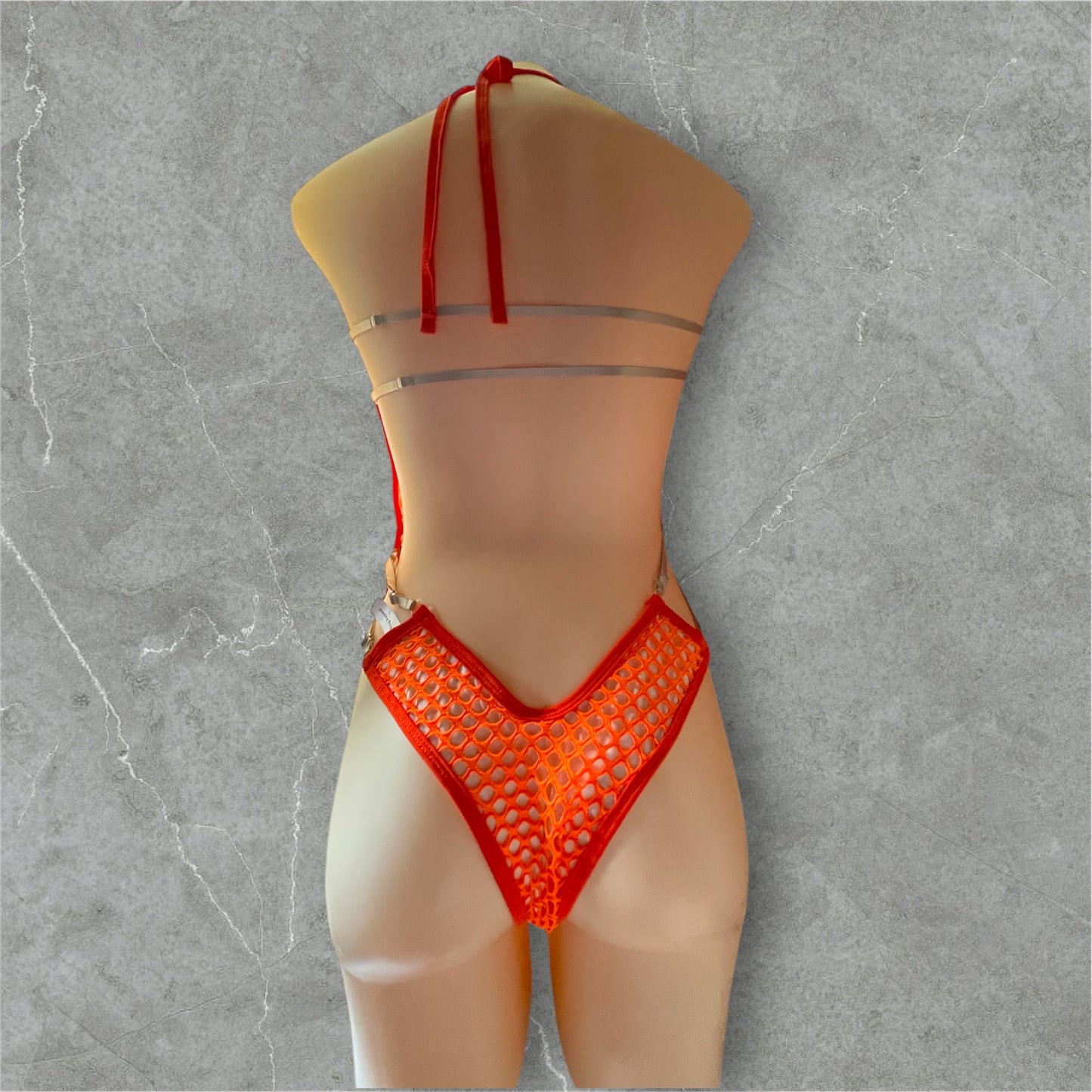 Double bowtie bodysuit - orange fishnet