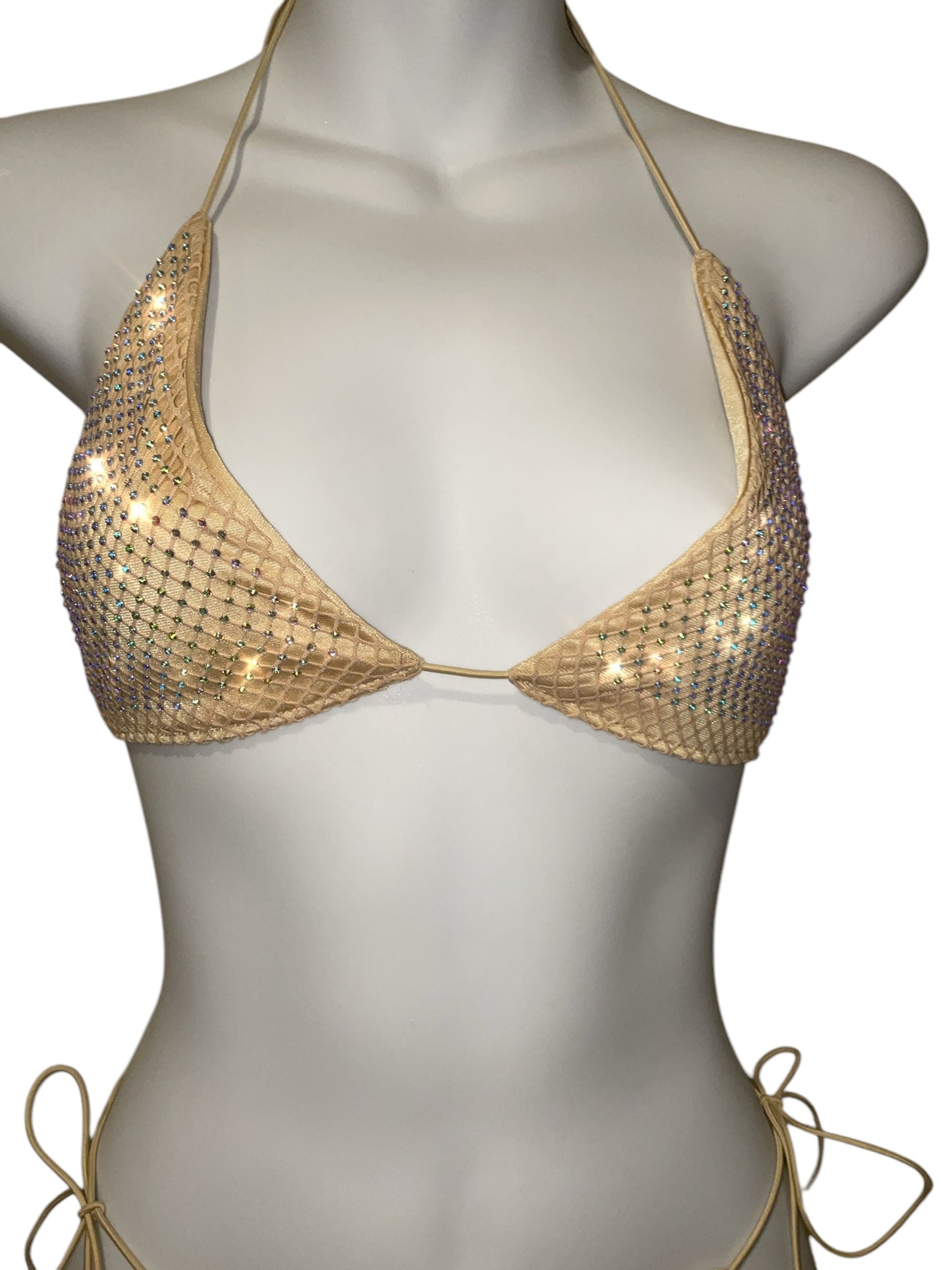 Rhinestone fishnet bikini beige