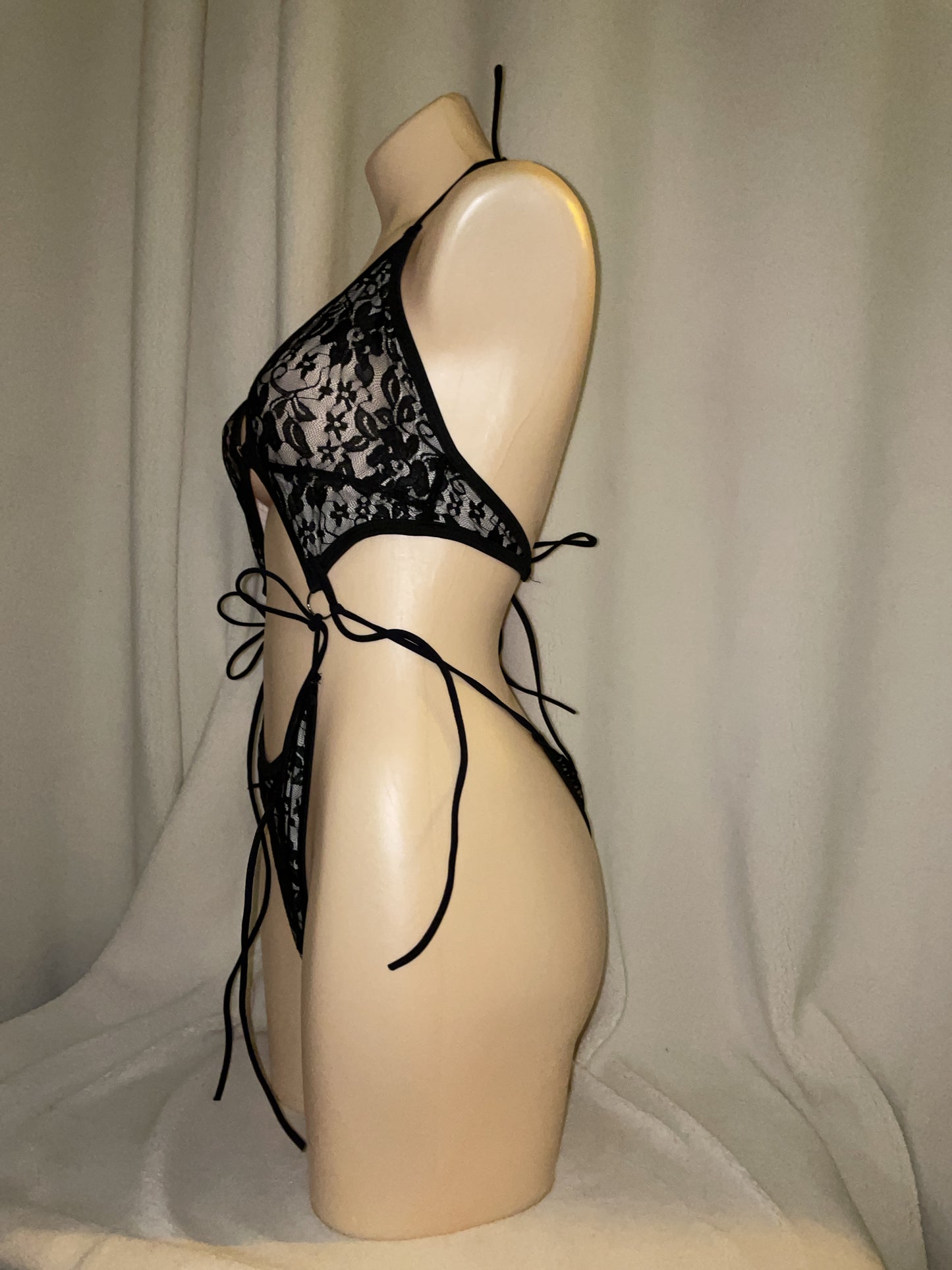 Black lace bikini tie bodysuit