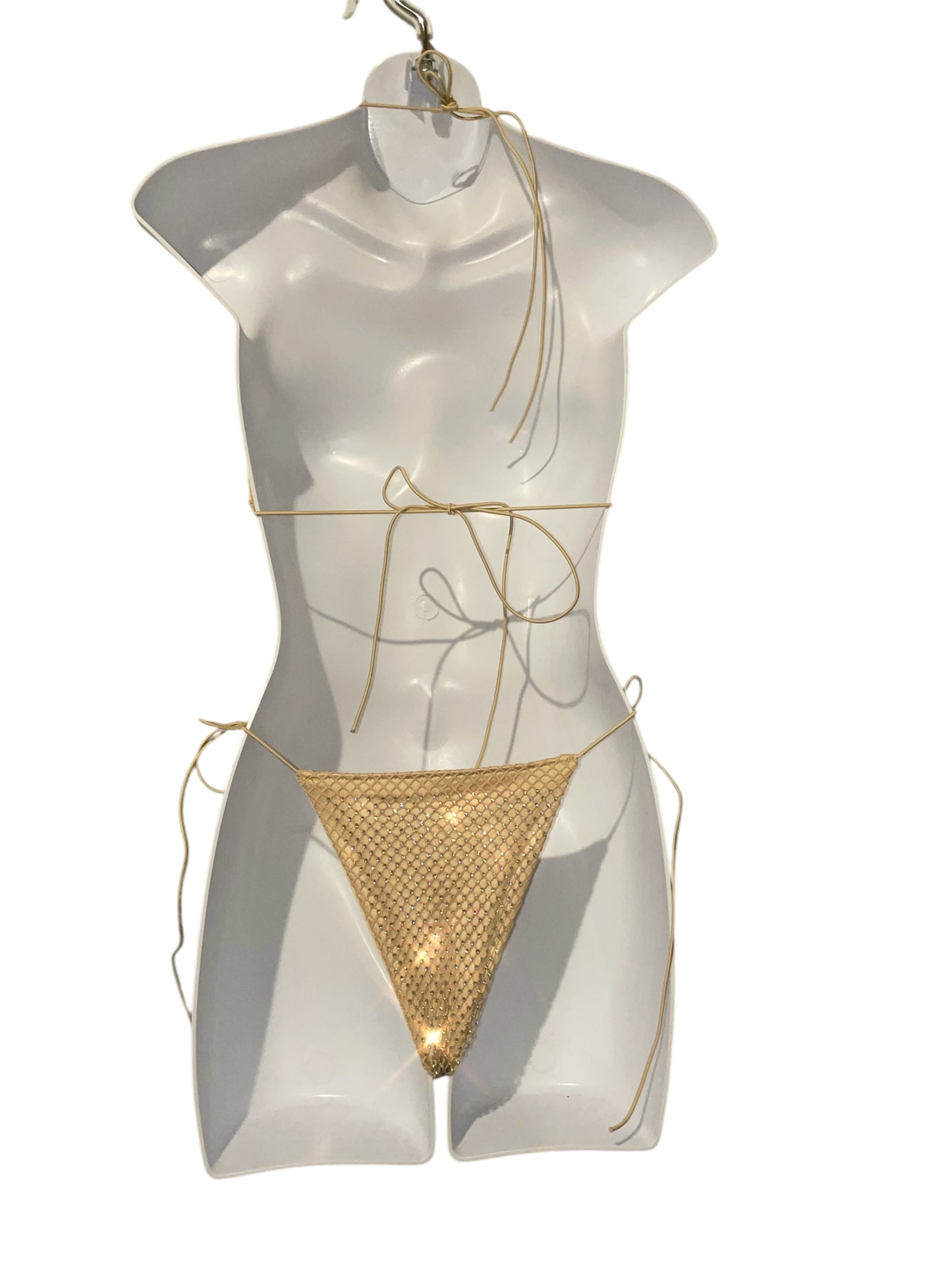 Rhinestone fishnet bikini beige