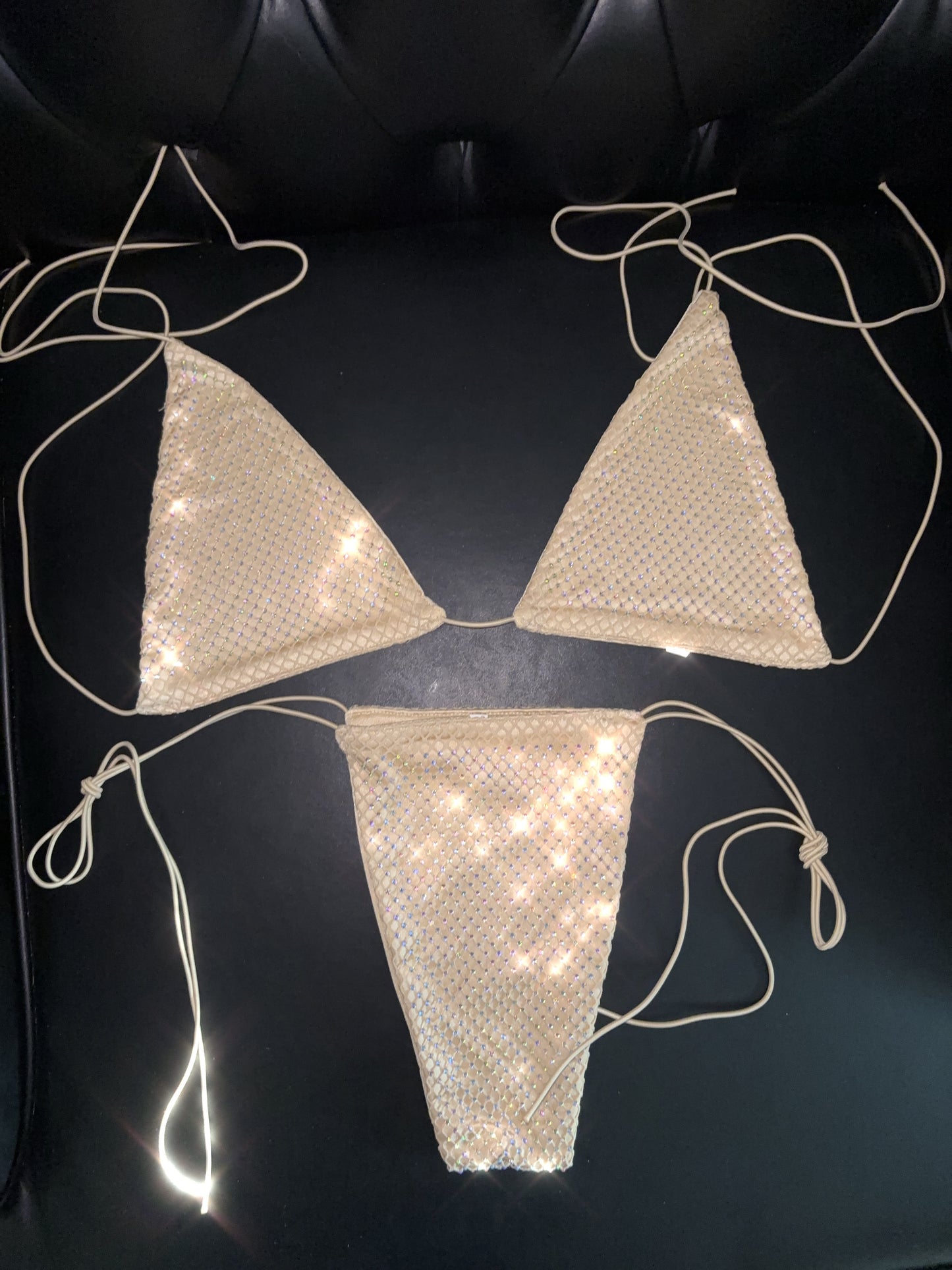 Rhinestone fishnet bikini beige