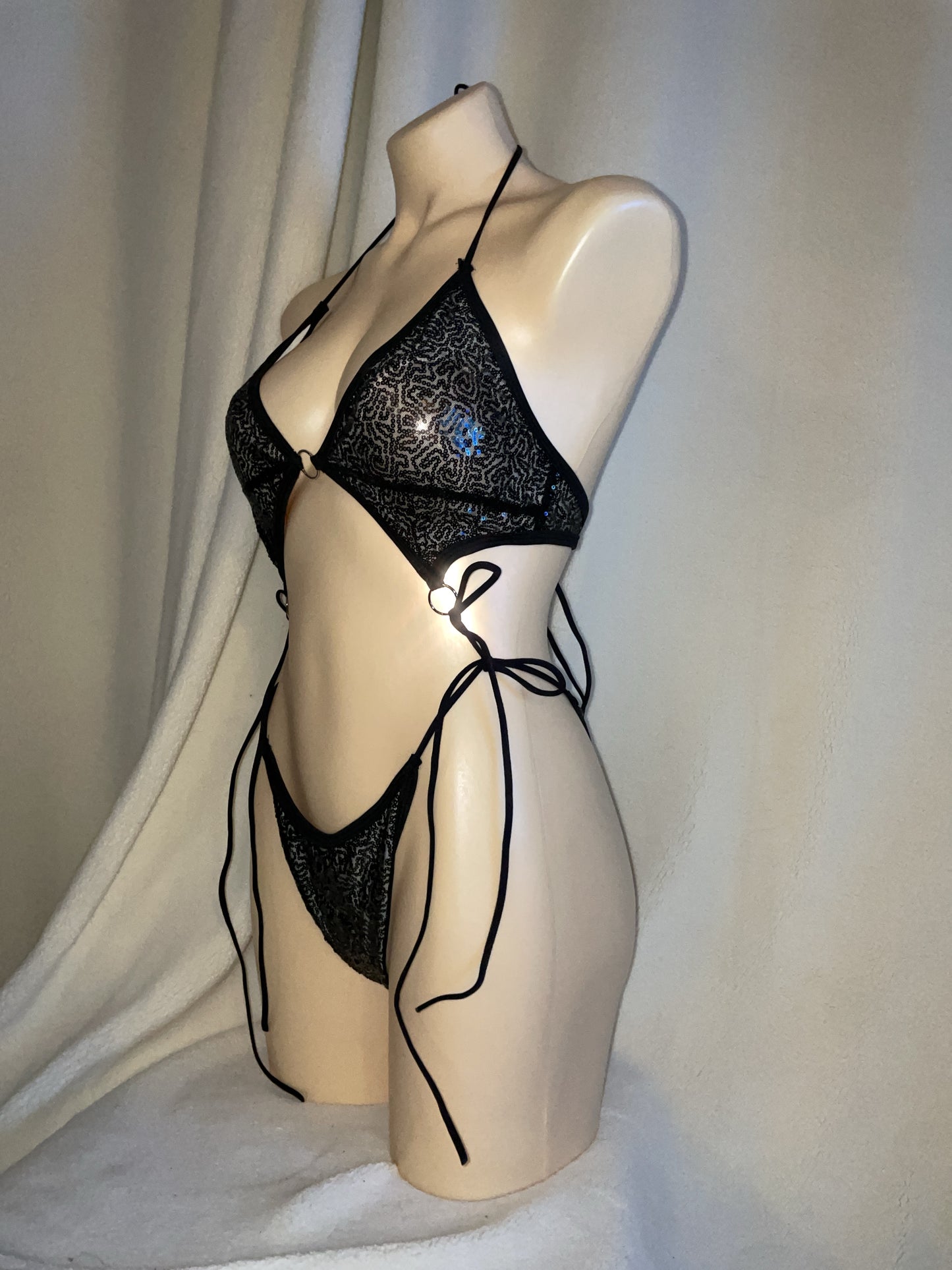 Black sequin bikini tie bodysuit