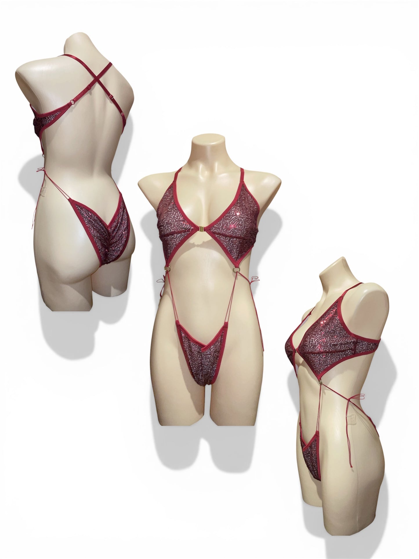 Bikini tie sequin bodysuit v2 - burgundy