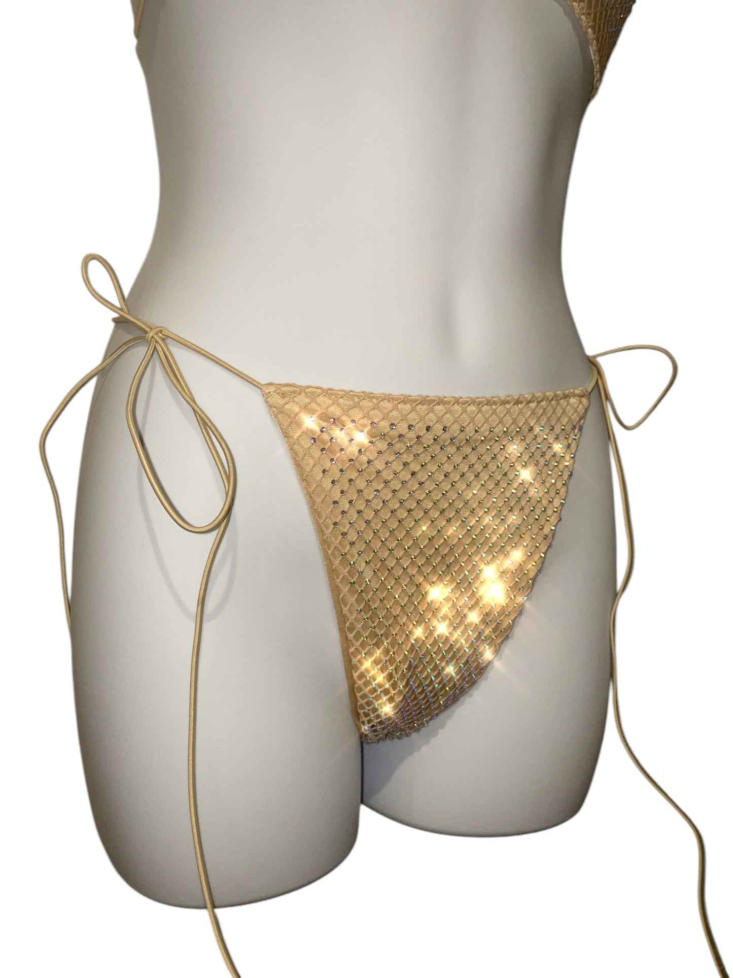 Rhinestone fishnet bikini beige
