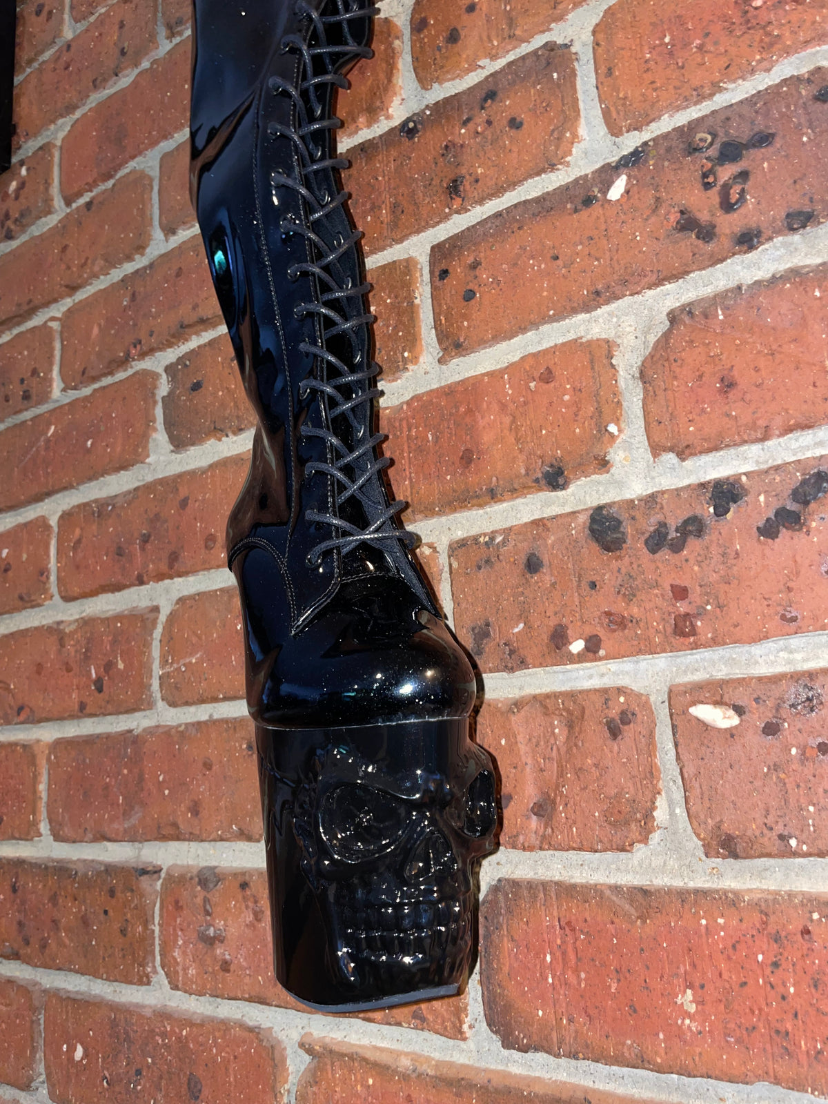 Skull platform glitter thigh high boots with knee pads