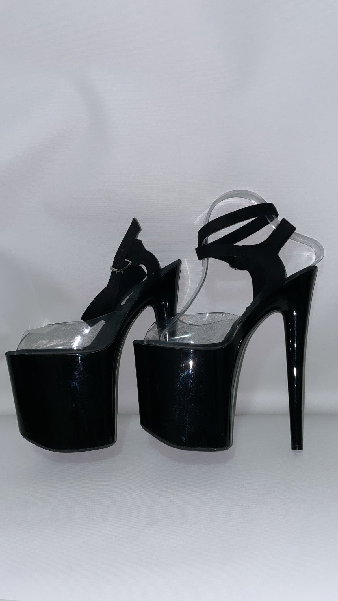 Black sandals - clear toe strap & suede cross ankle strap 8 inch