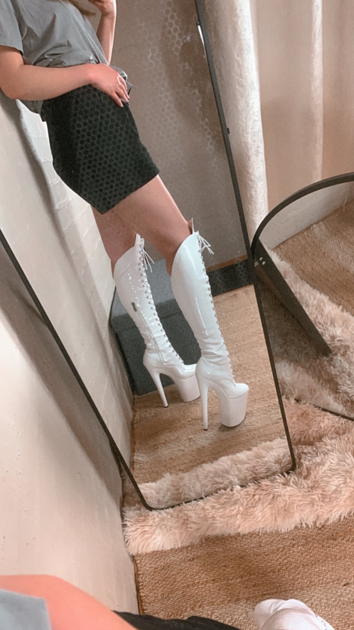 White knee high boots with knee pads