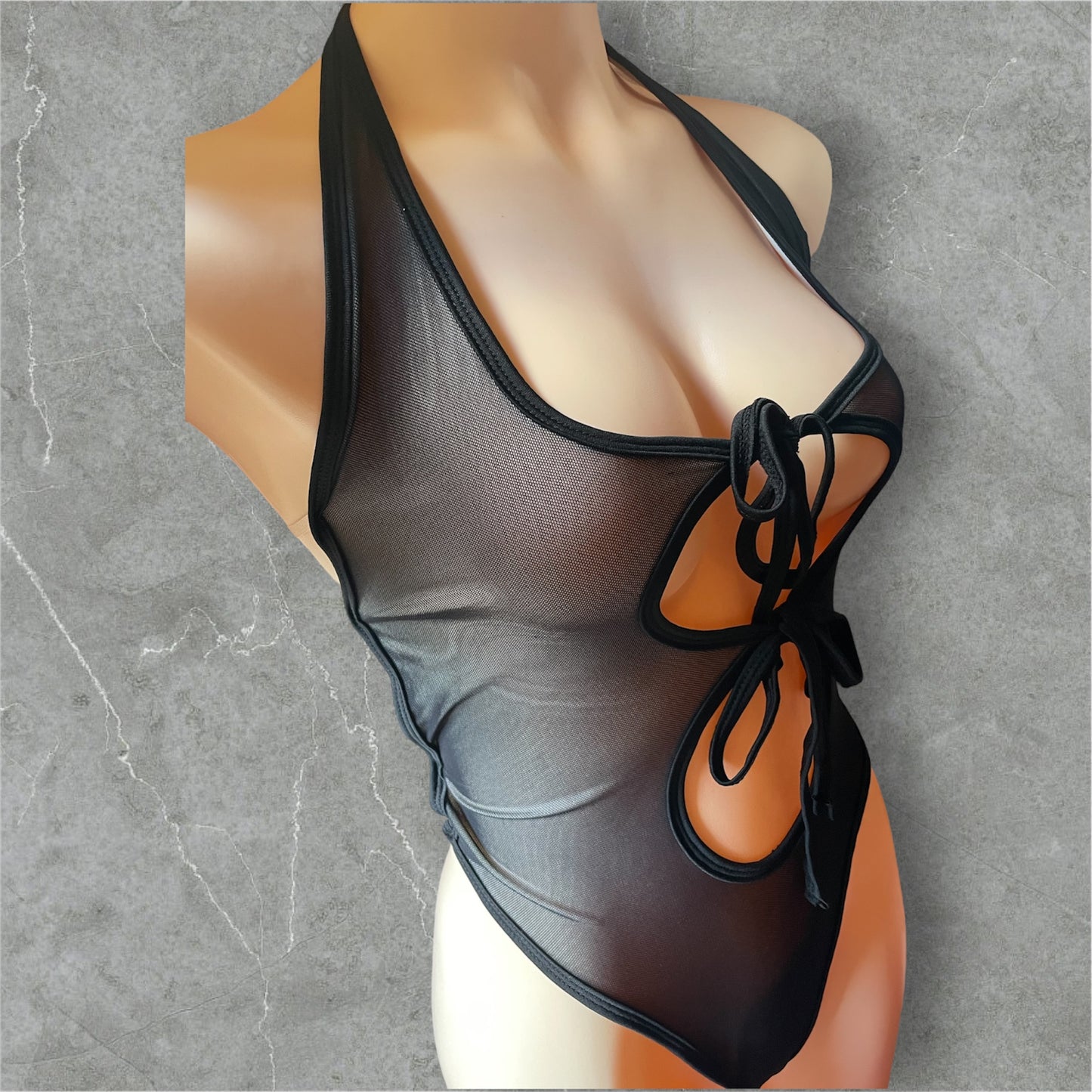 Double bowtie bodysuit - black mesh double lined (opaque)