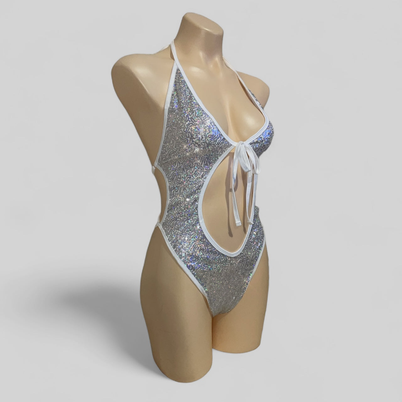 Sequin bow tie bodysuit holographic silver