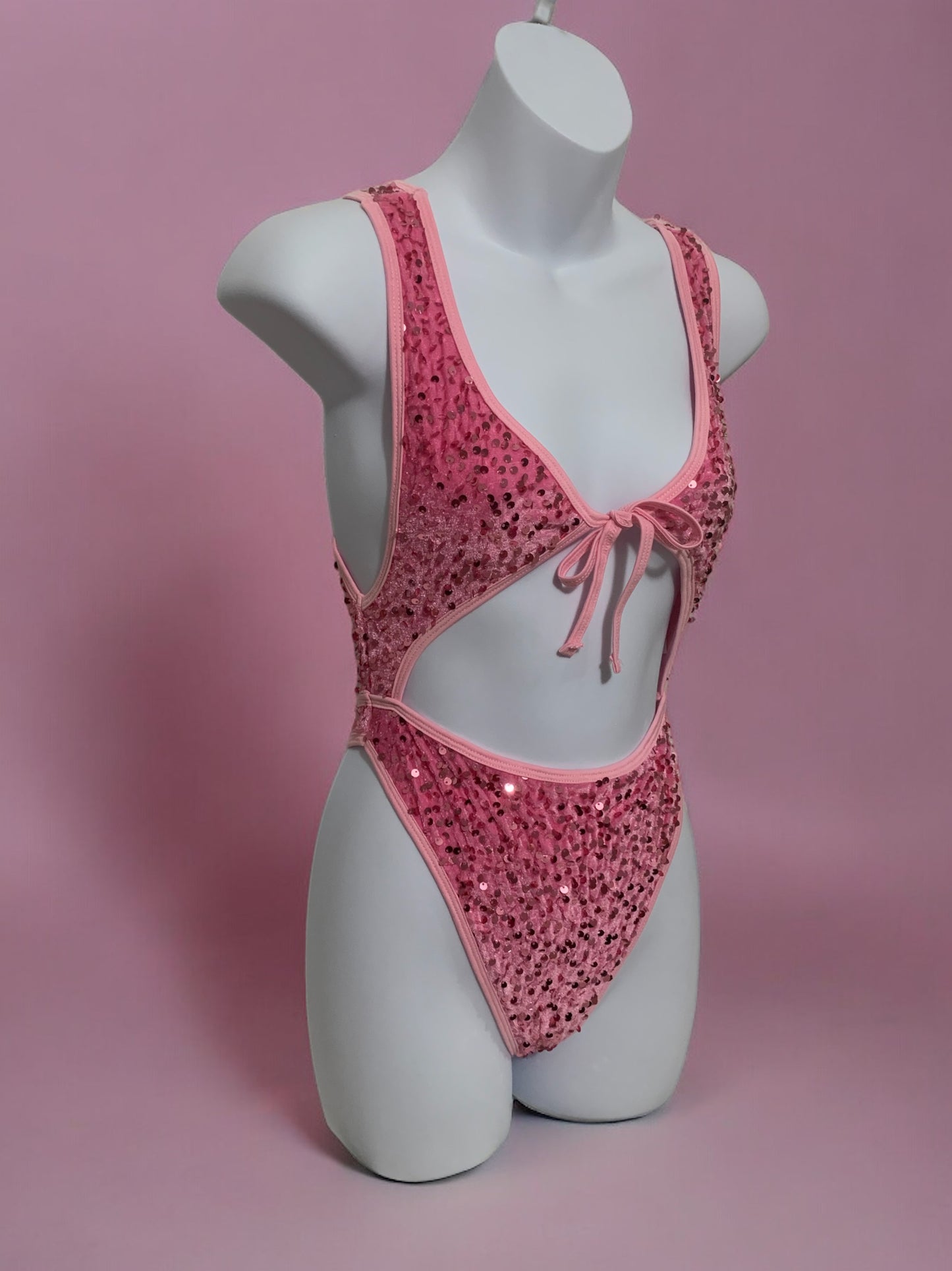 Pink sequin bow tie bodysuit