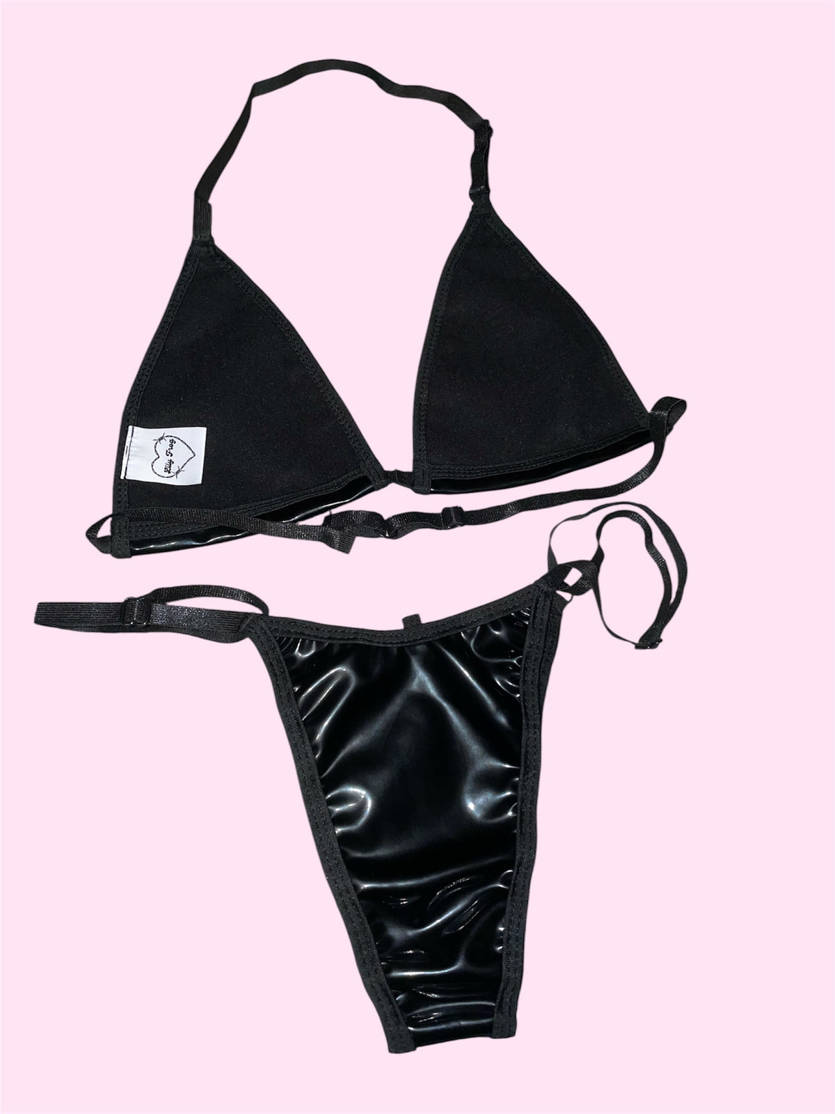 Diamond tease - Black faux leather & mesh bikini