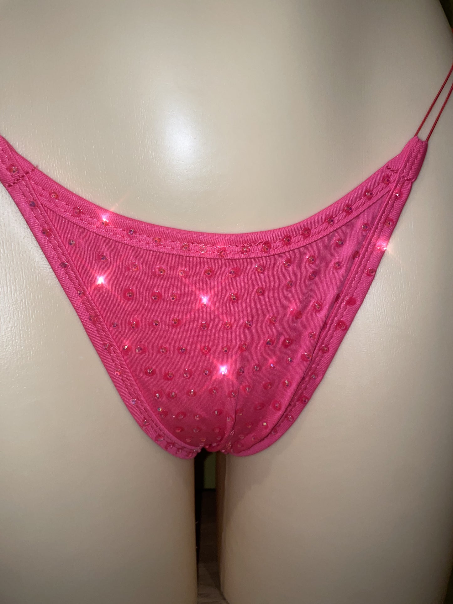 Hot pink Y string bikini with pink stones