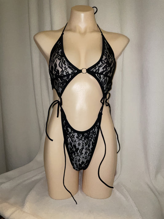 Black lace bikini tie bodysuit
