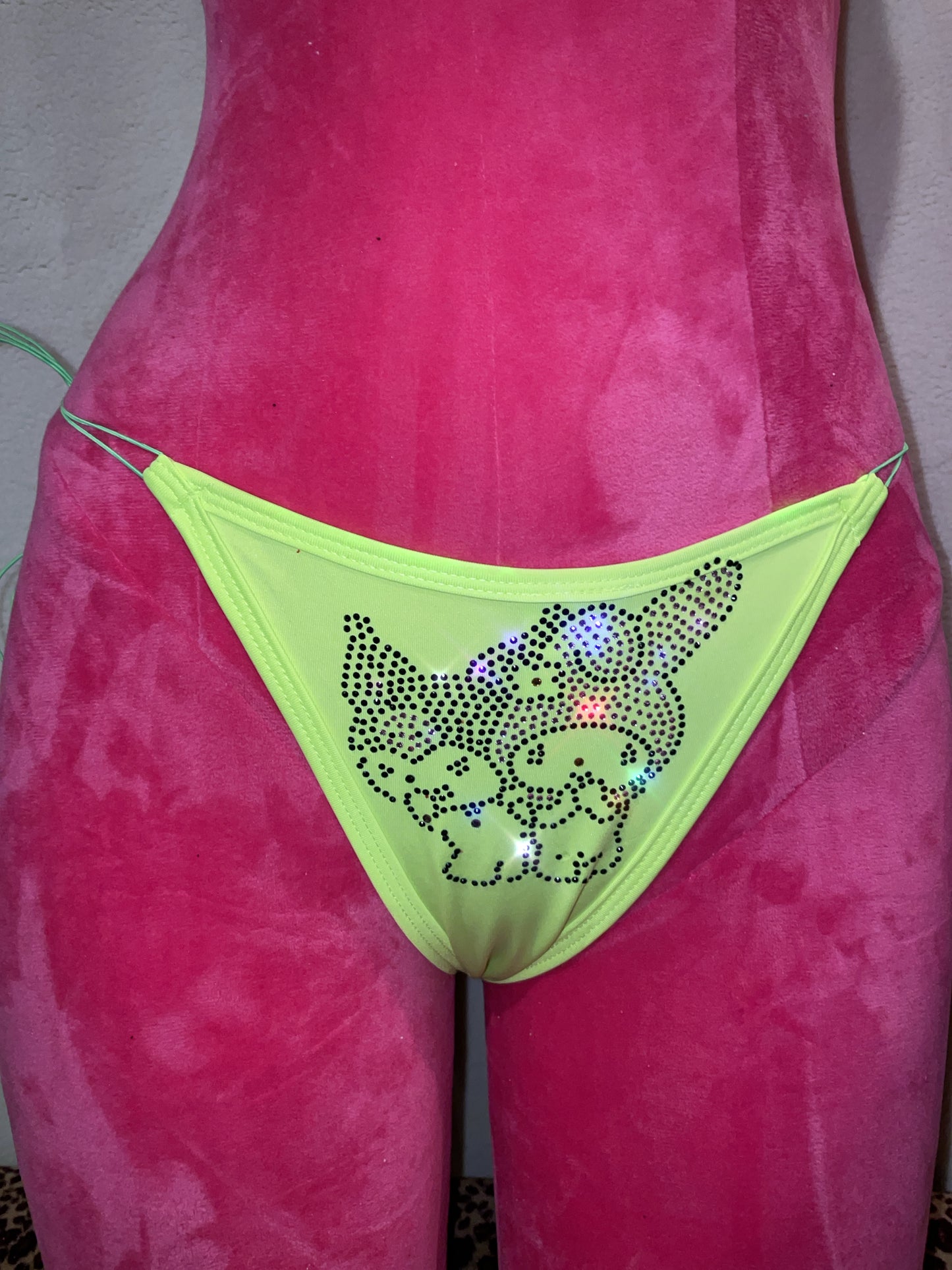 No slip bling bikini - fluro green kitty