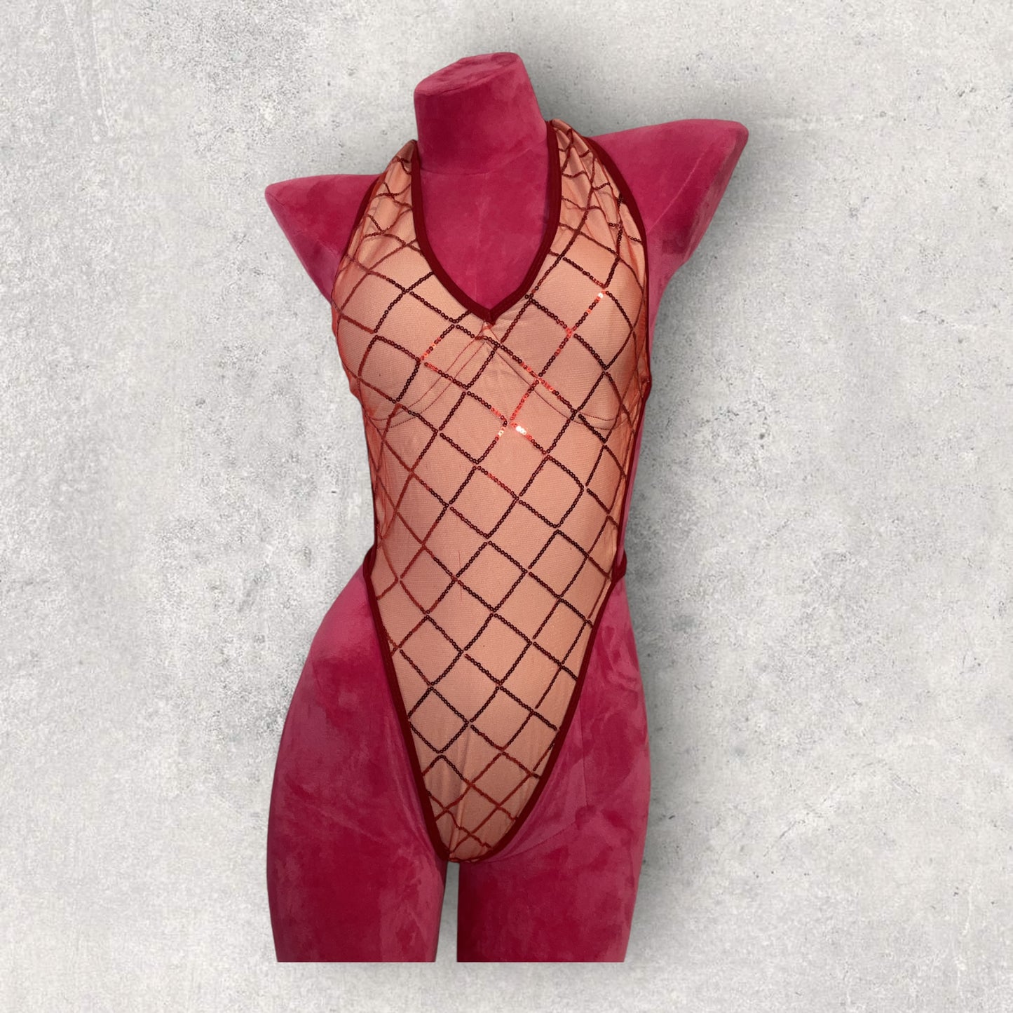 Red diamond pattern sequin bodysuit adjustable