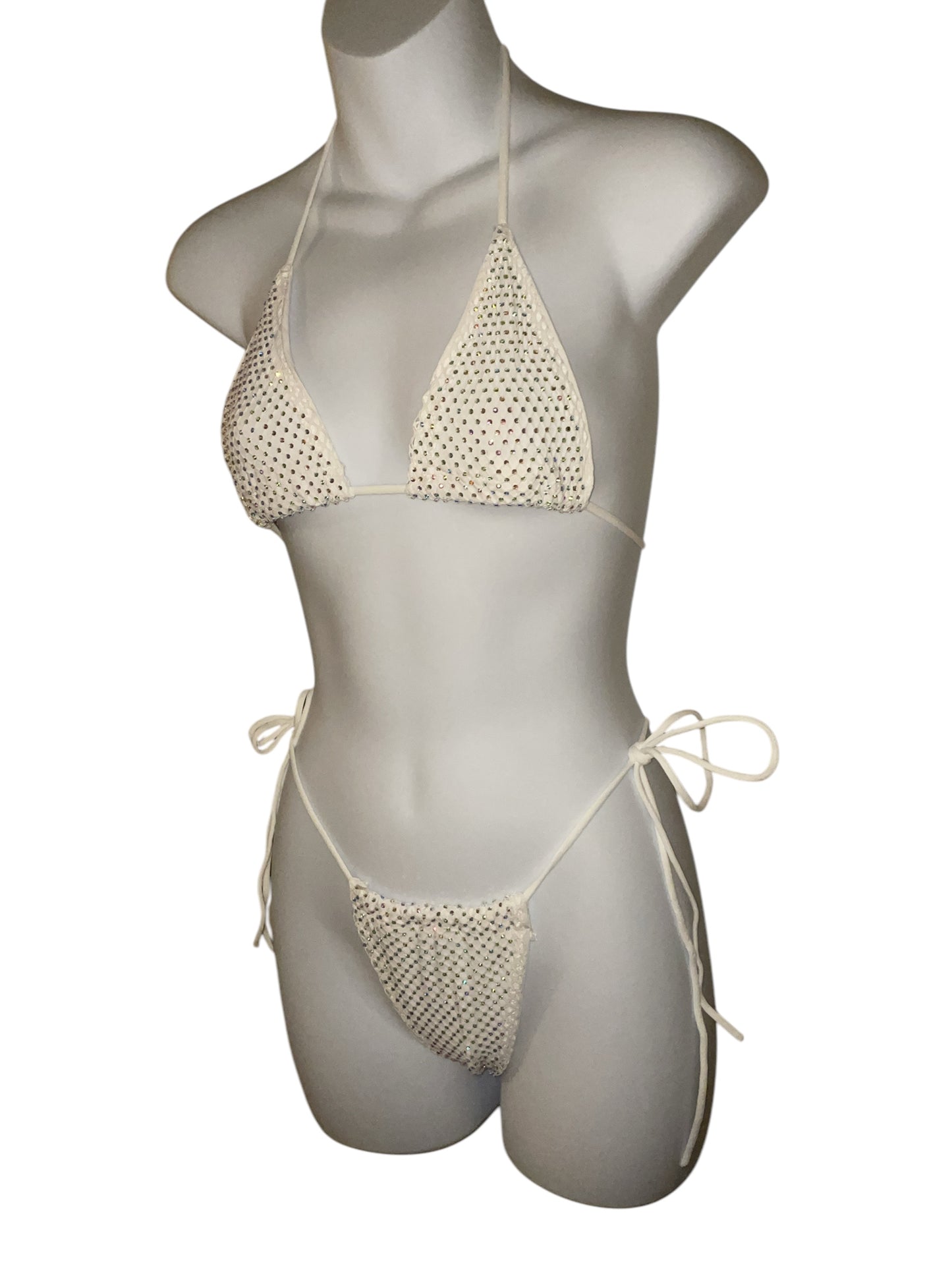 Rhinestone fishnet bikini white