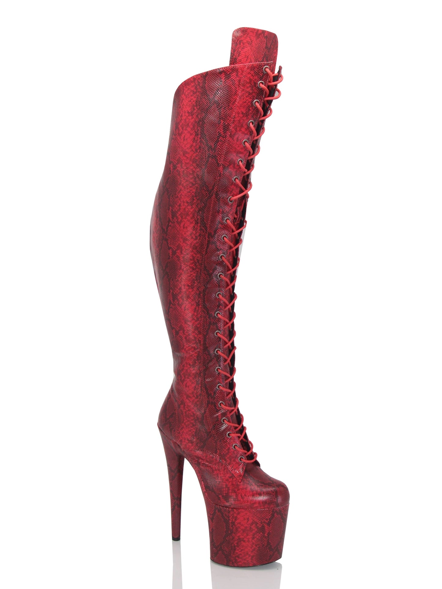 Medusa red knee high 8 inch heels with knee pads