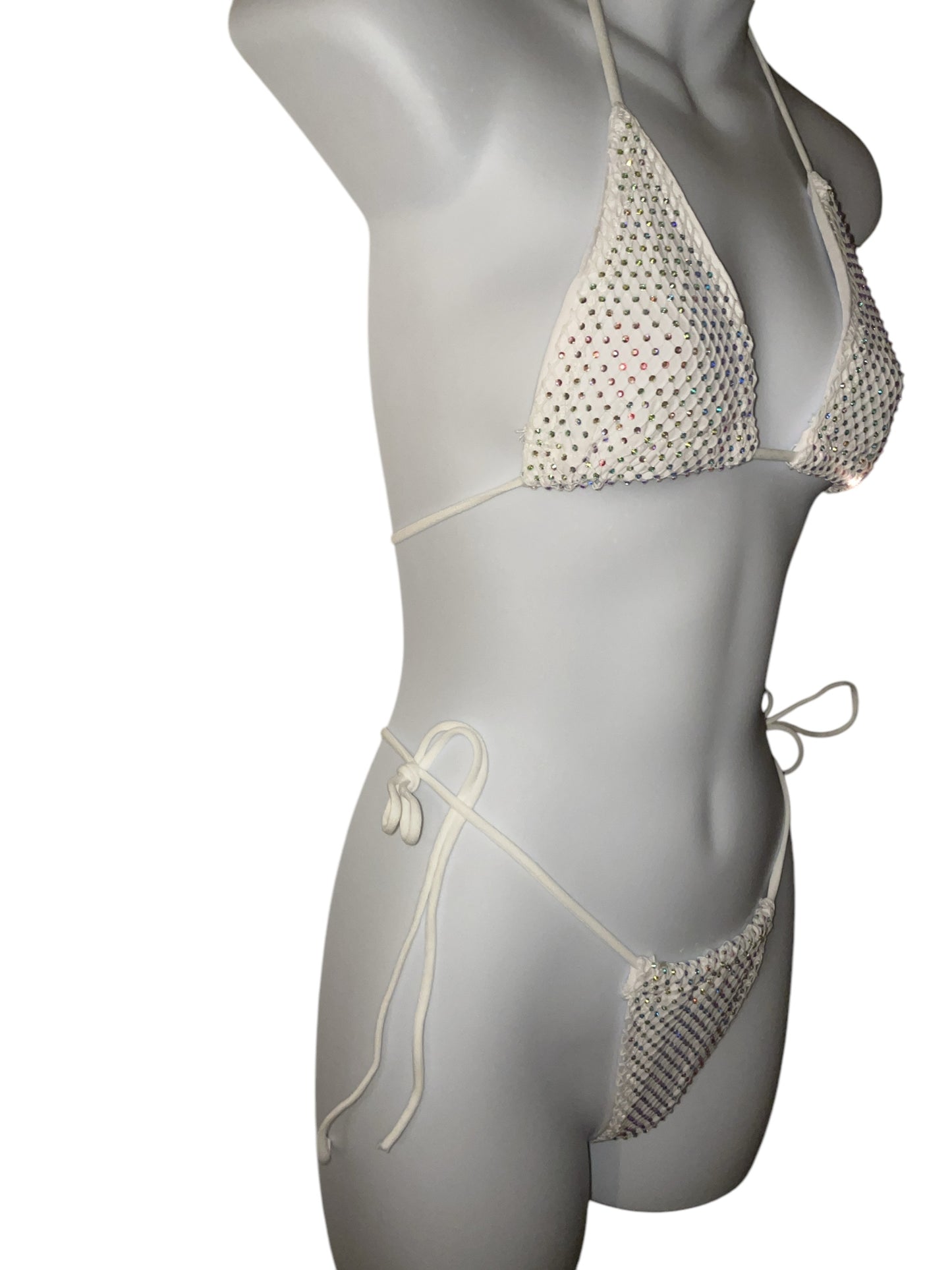 Rhinestone fishnet bikini white