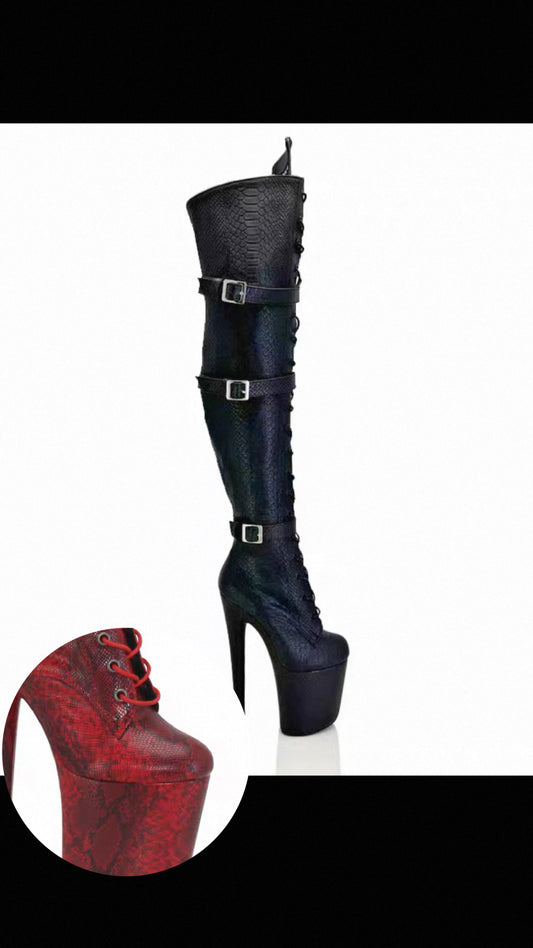 Red snake thigh high boots with knee pads