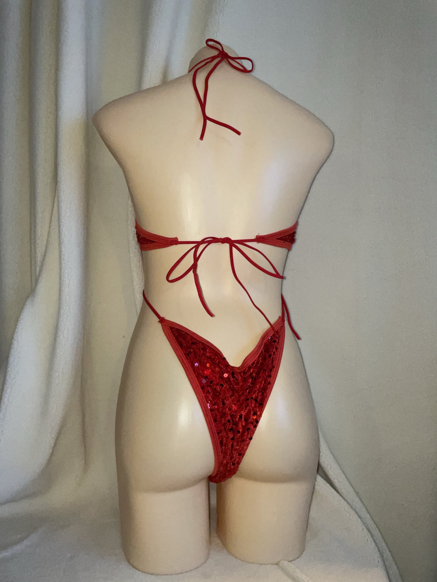 Red velvet sequin bikini tie bodysuit