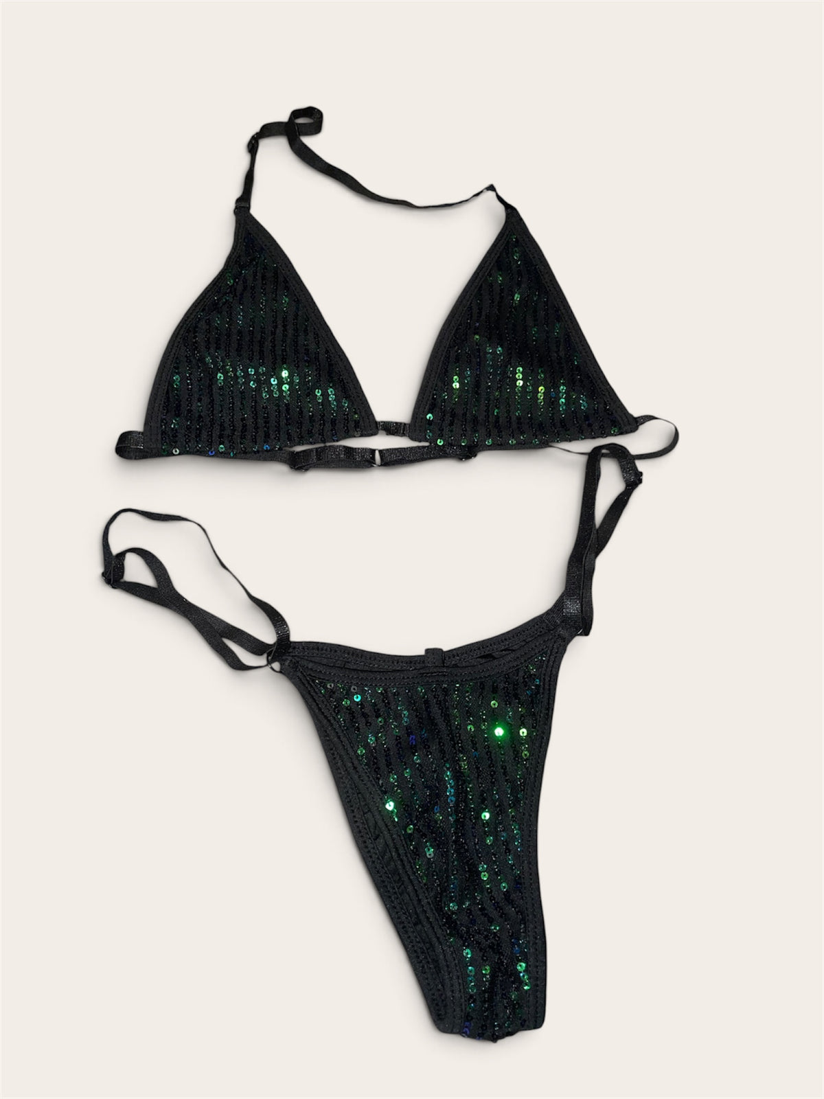 Diamond tease - Black with green & blue sequins bikini