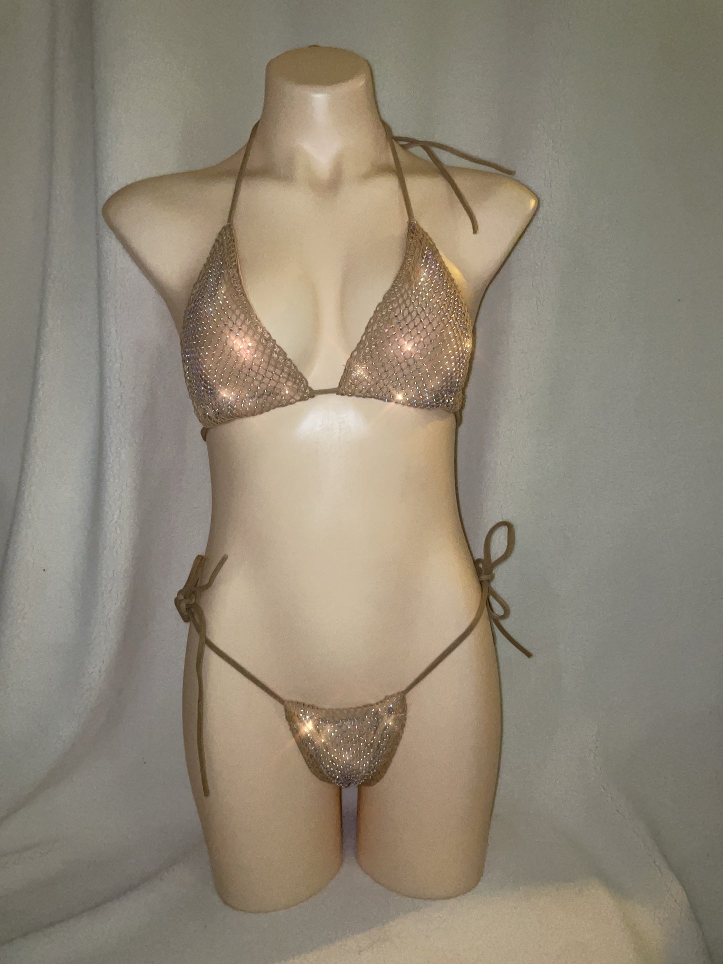 Fishnet rhinestone bikini - Tan