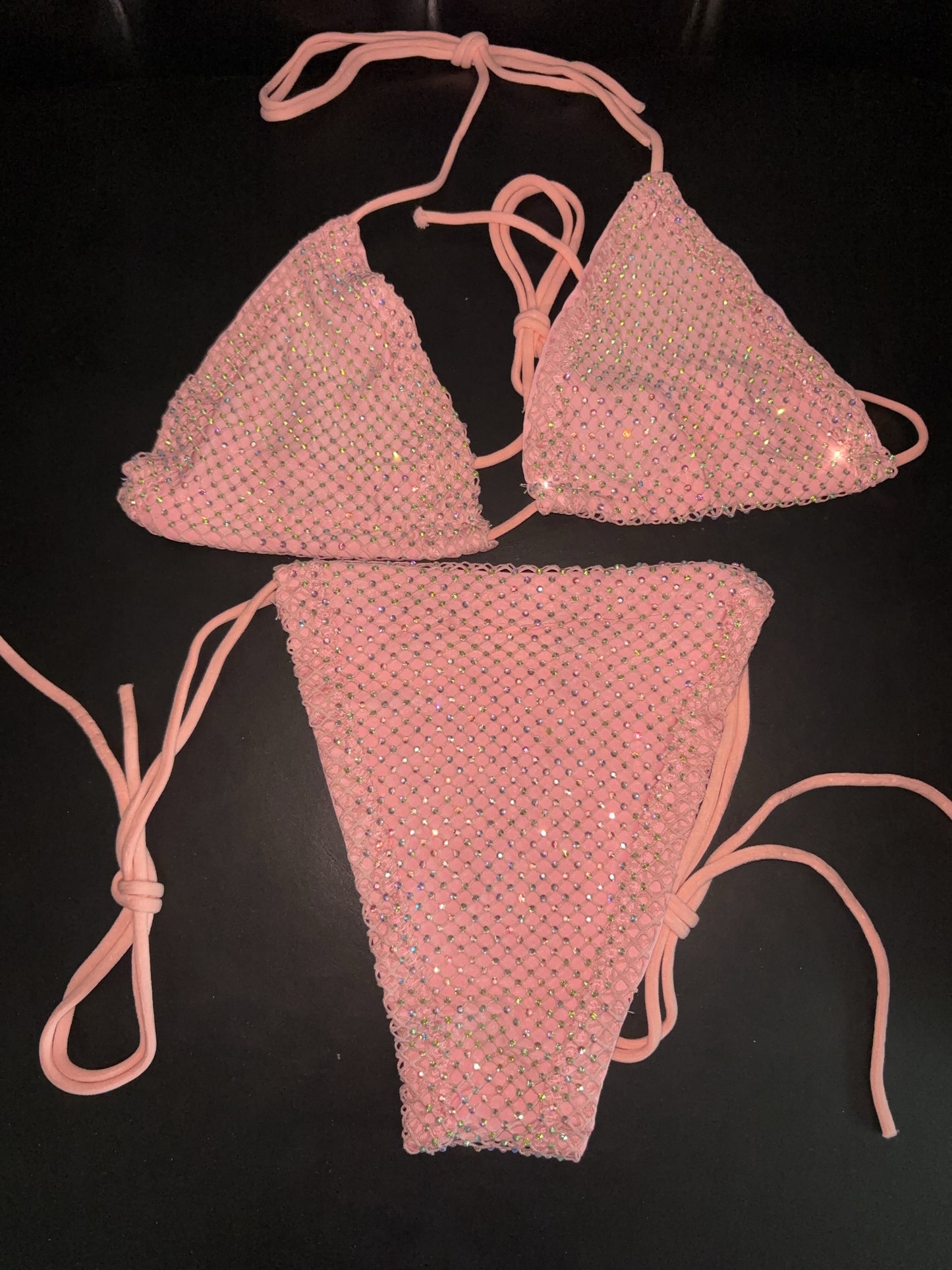 Rhinestone fishnet bikini pink