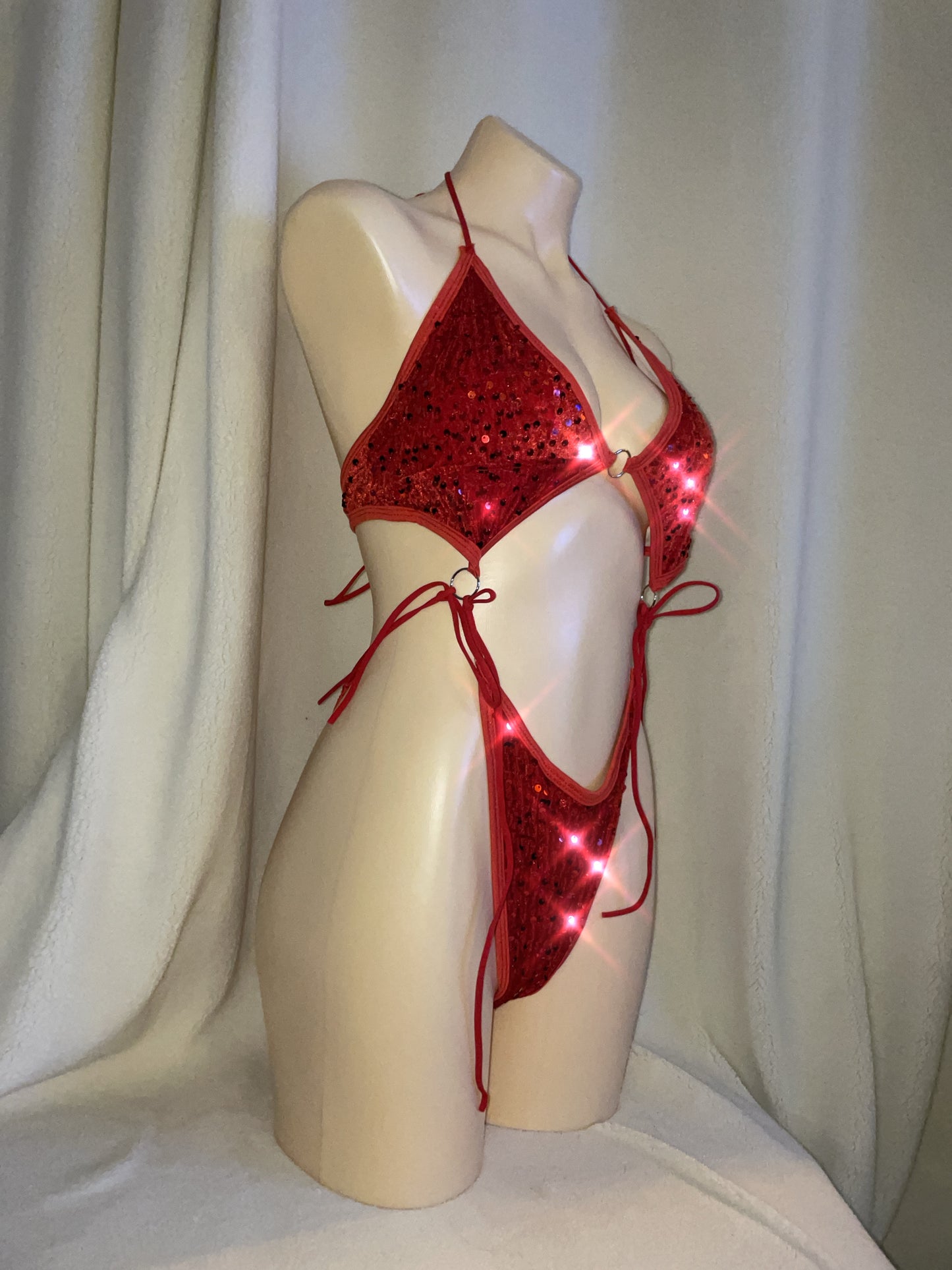 Red velvet sequin bikini tie bodysuit
