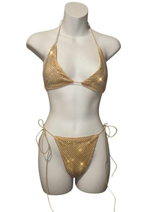 Rhinestone fishnet bikini beige