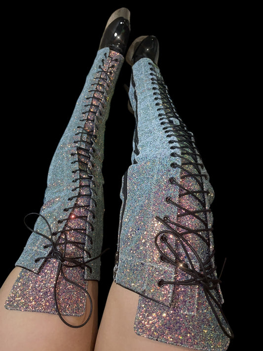 Glitter thigh high sleeves with built in knee pads - light blue with purple and green glitter [make to order]