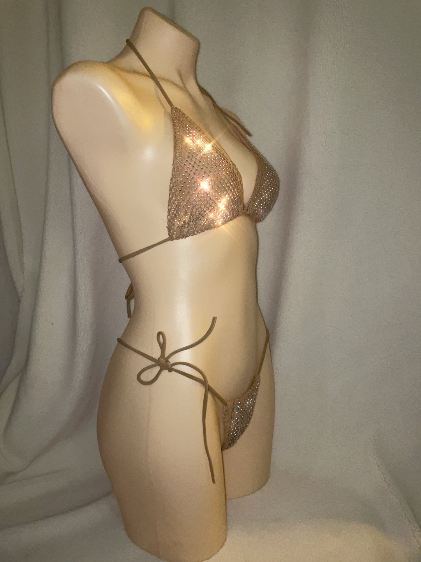 Fishnet rhinestone bikini - Tan