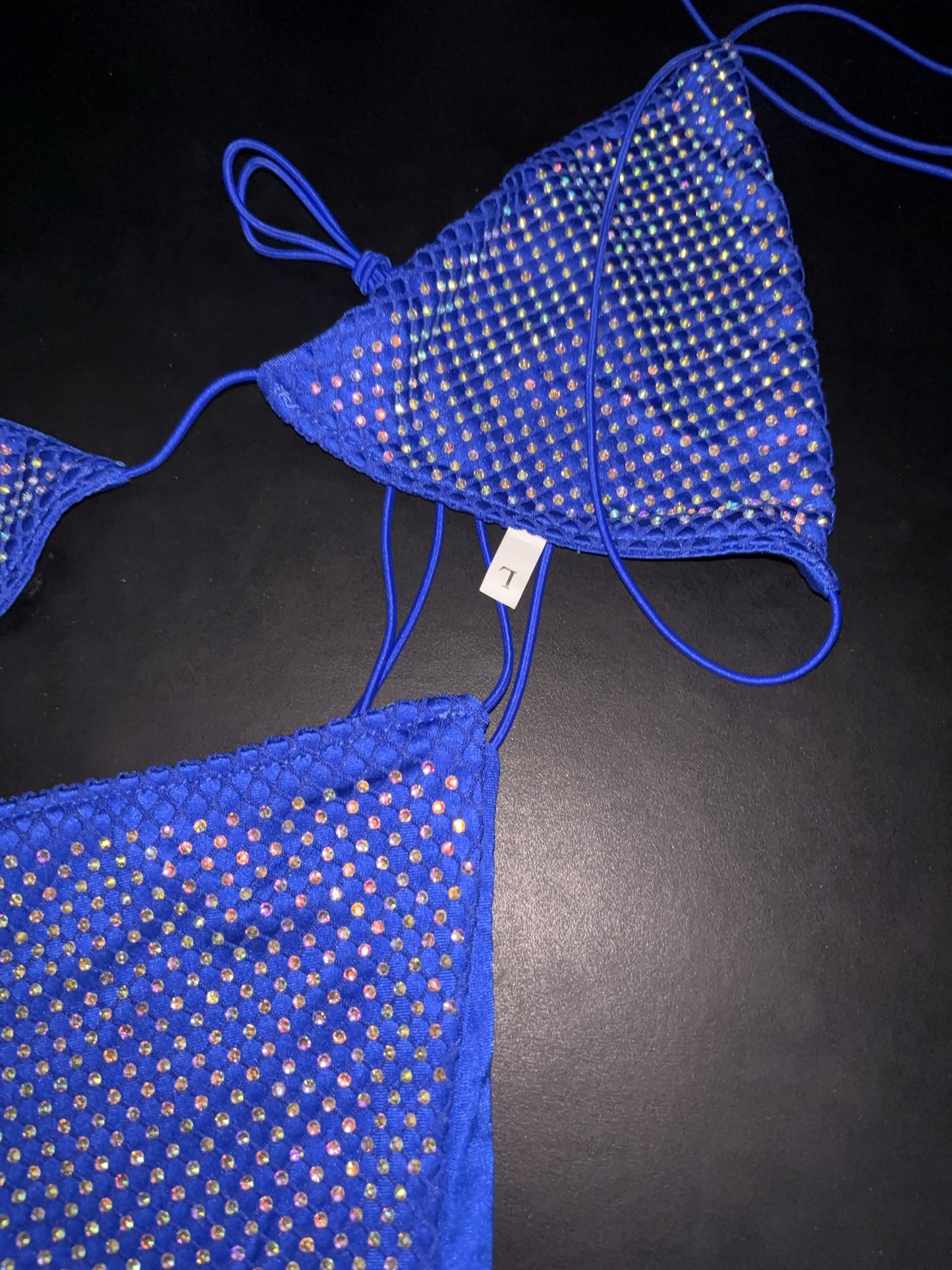 Rhinestone fishnet bikini blue