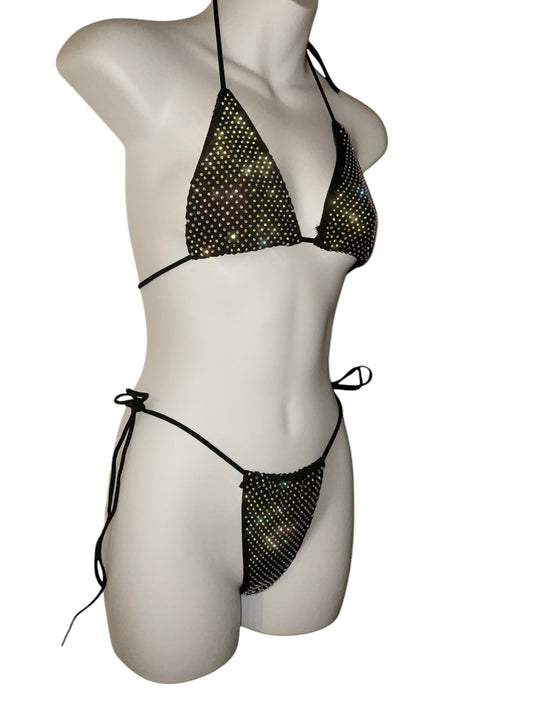 Rhinestone fishnet bikini black