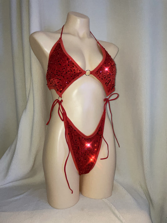 Red velvet sequin bikini tie bodysuit