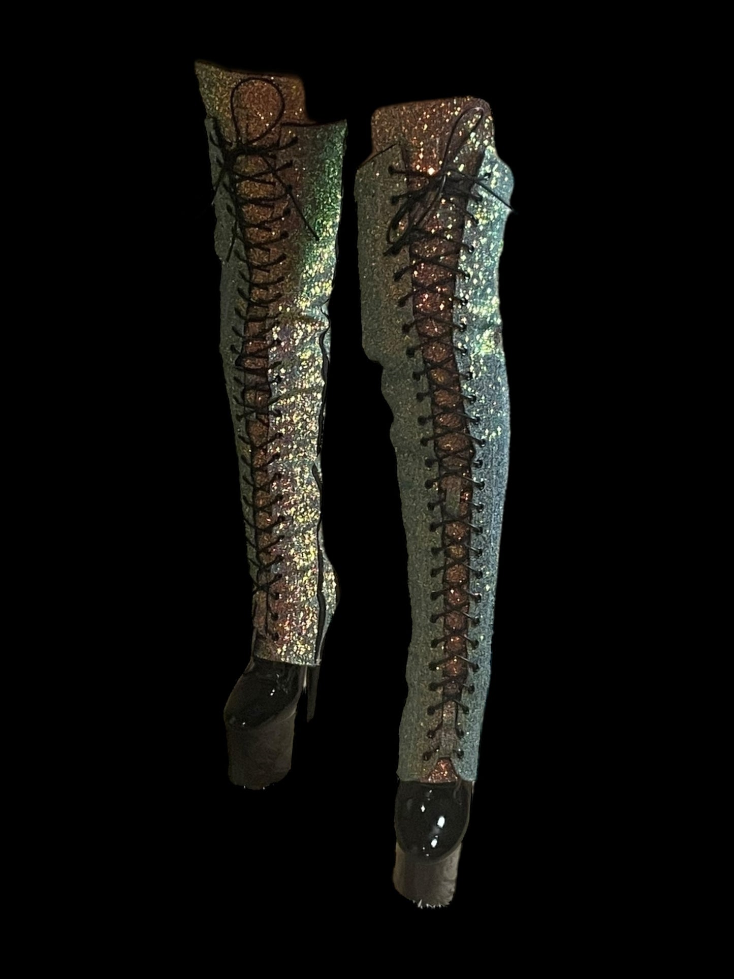 Glitter thigh high sleeves with built in knee pads - light blue with purple and green glitter [make to order]