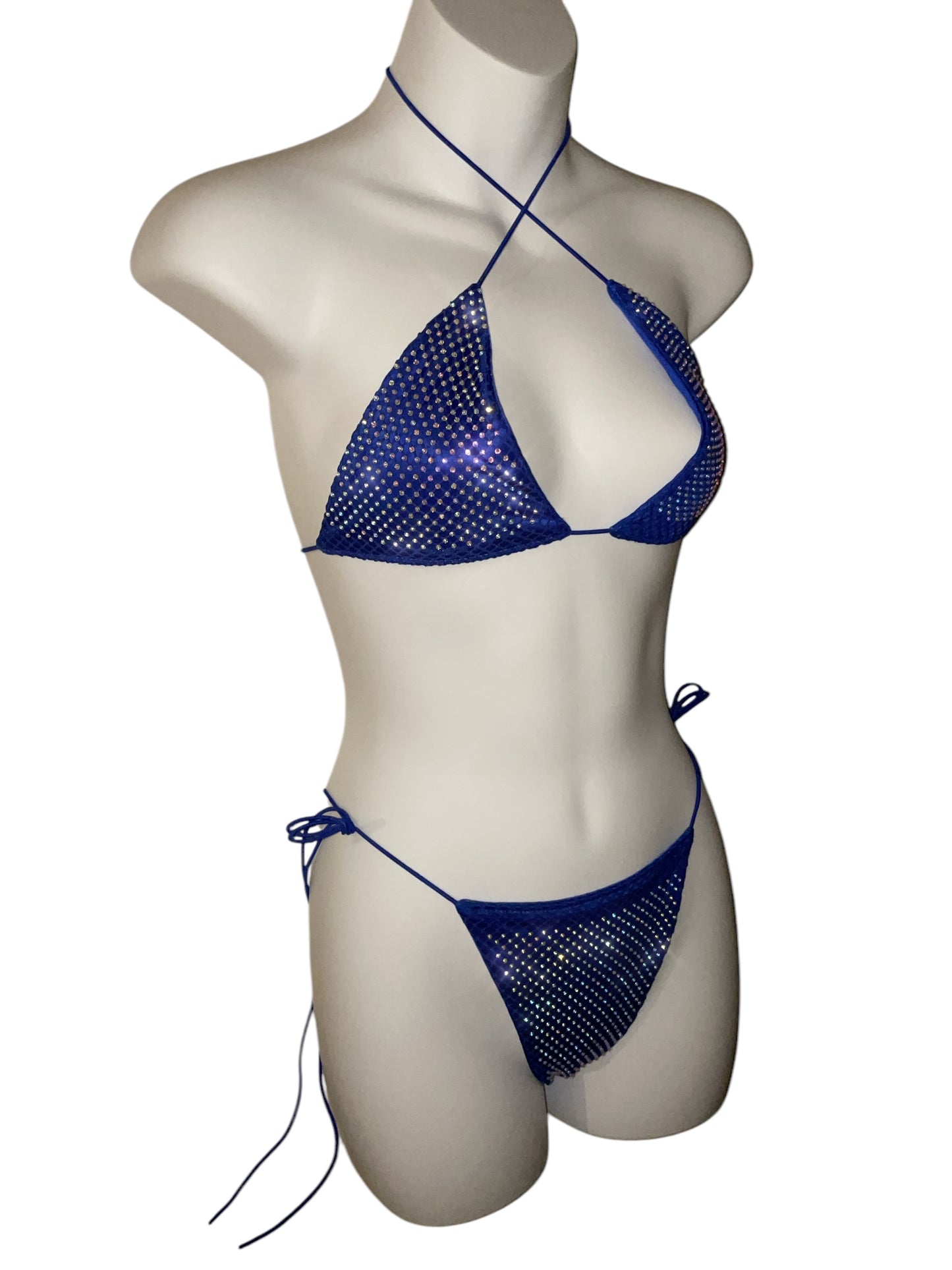 Rhinestone fishnet bikini blue