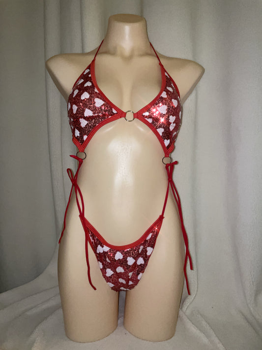 Love heart sequin bikini tie bodysuit