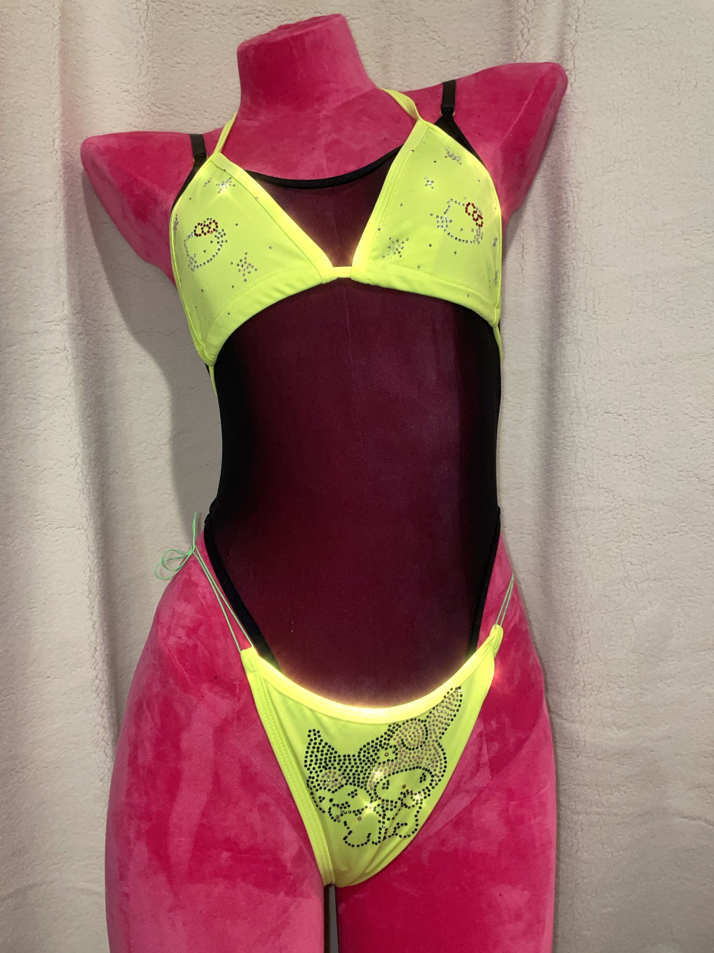 No slip bling bikini - fluro green kitty