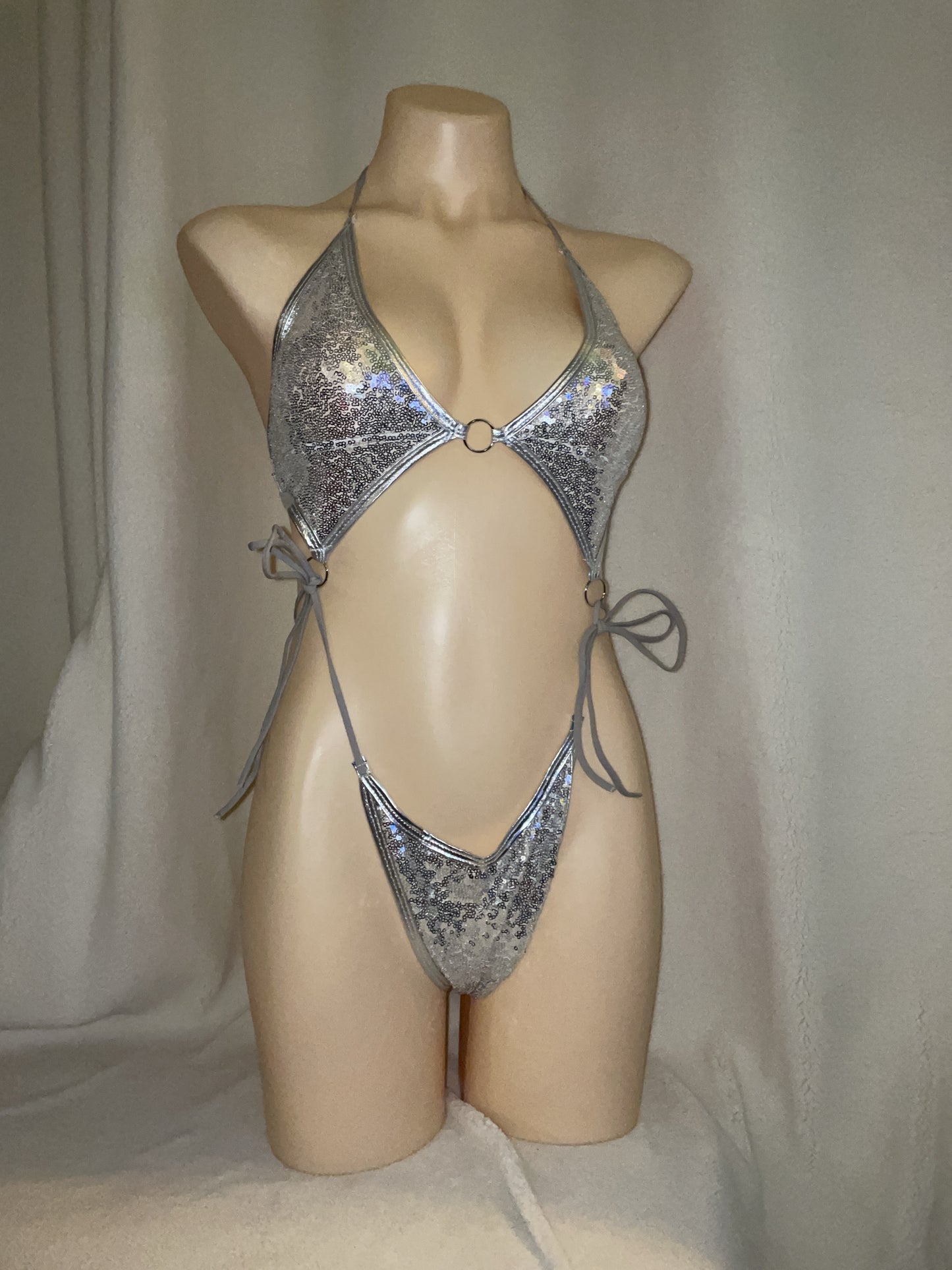 Silver sequin bikini tie bodysuit