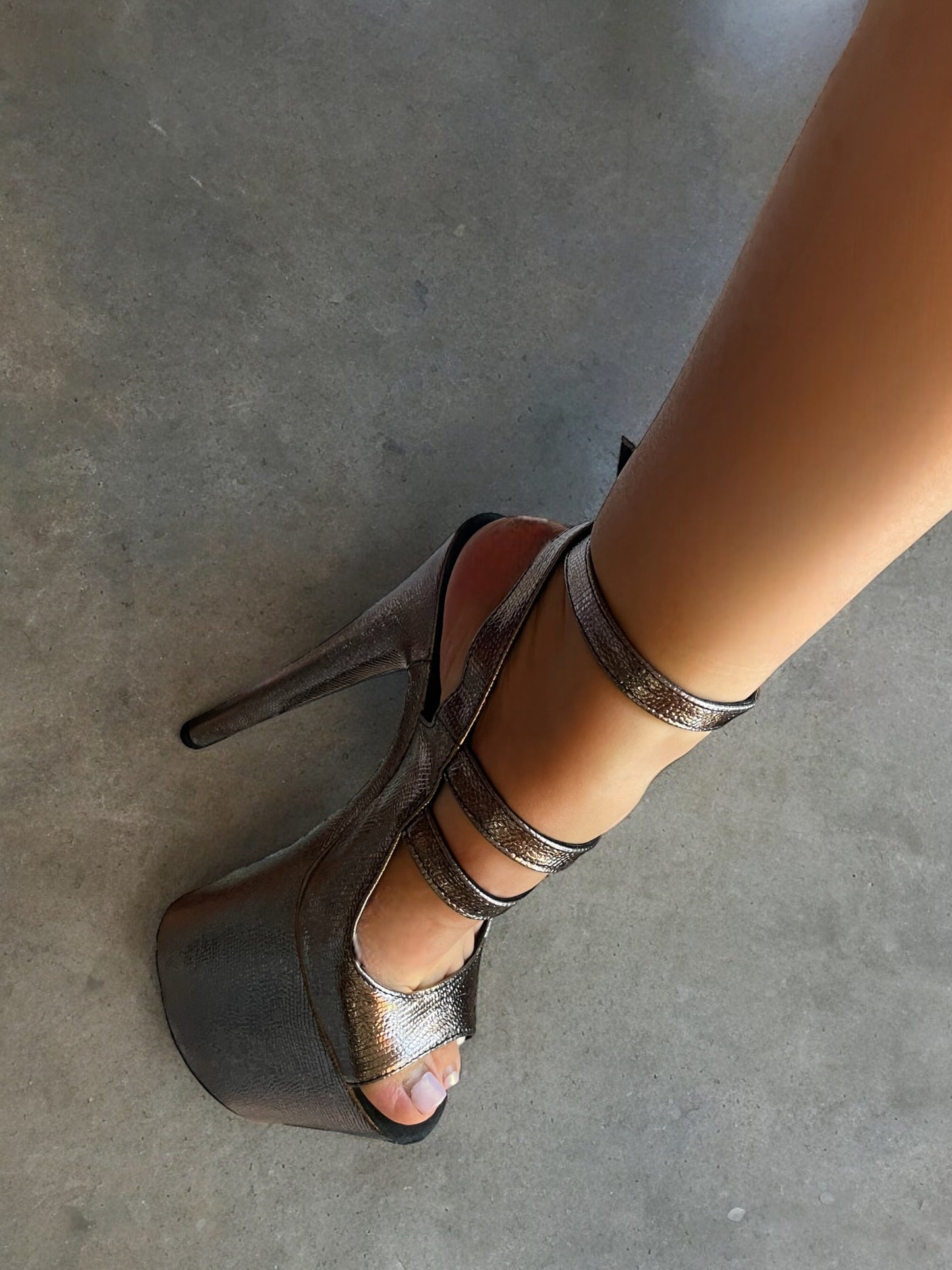 Metallic grey high ankle strap sandals