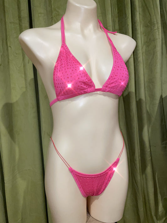 Hot pink Y string bikini with pink stones
