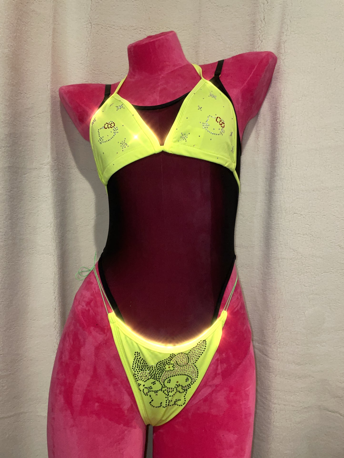 No slip bling bikini - fluro green kitty