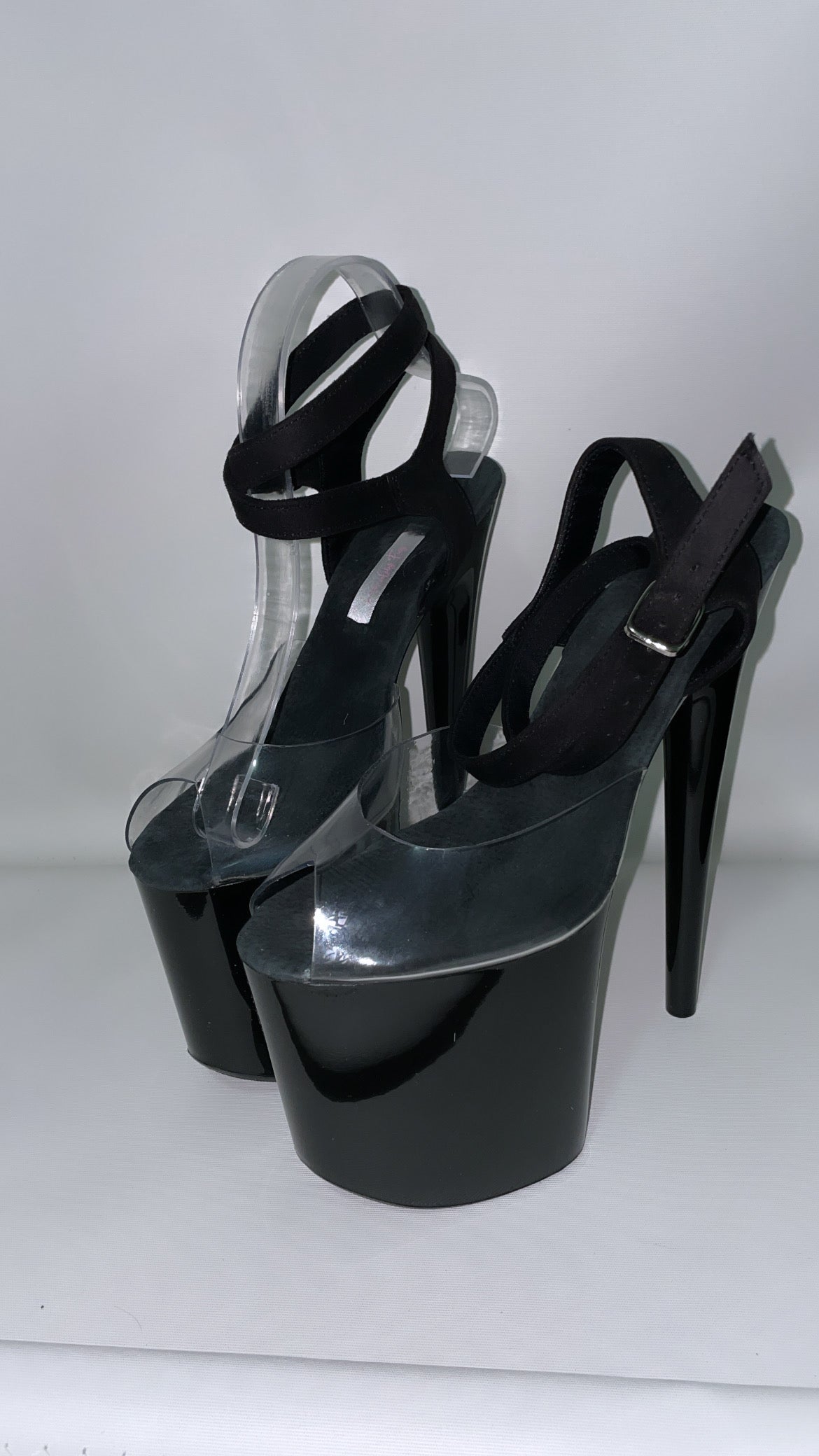 Black sandals - clear toe strap & suede cross ankle strap 8 inch