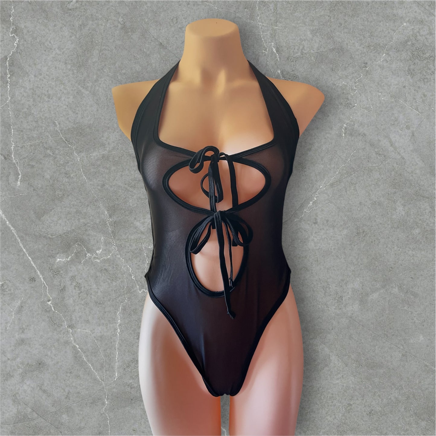 Double bowtie bodysuit - black mesh double lined (opaque)