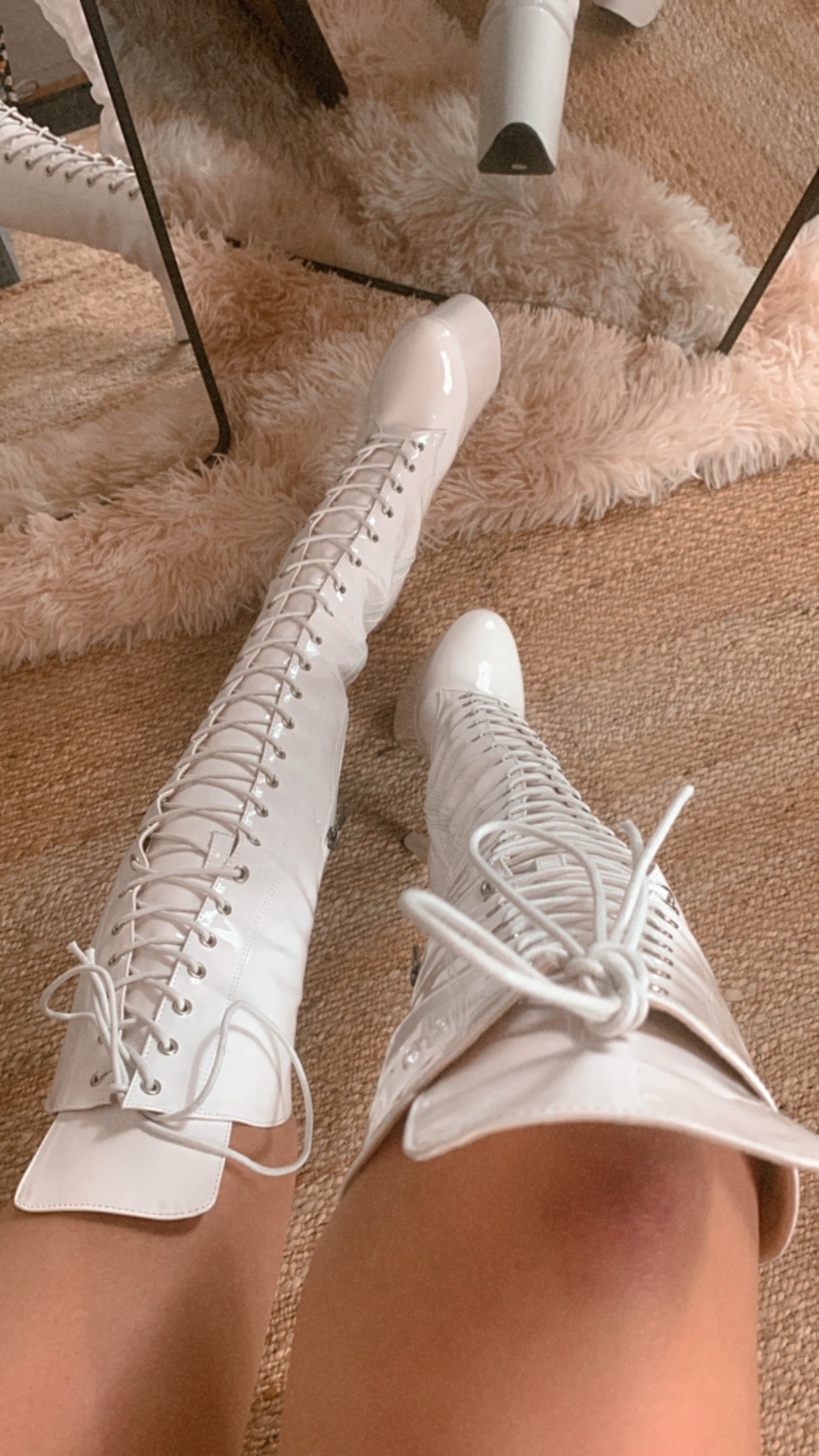 White knee high boots with knee pads