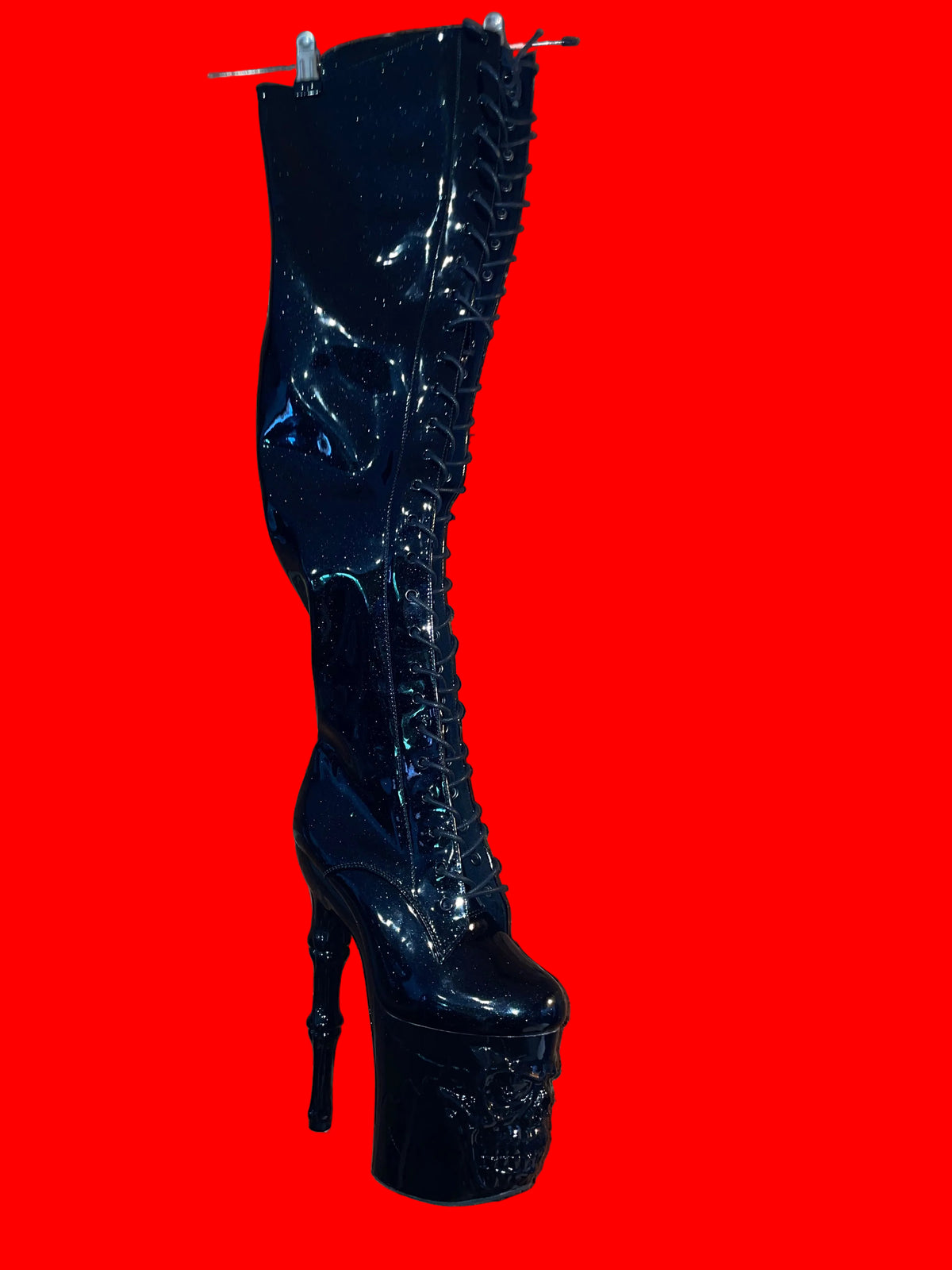 Skull platform glitter thigh high boots with knee pads