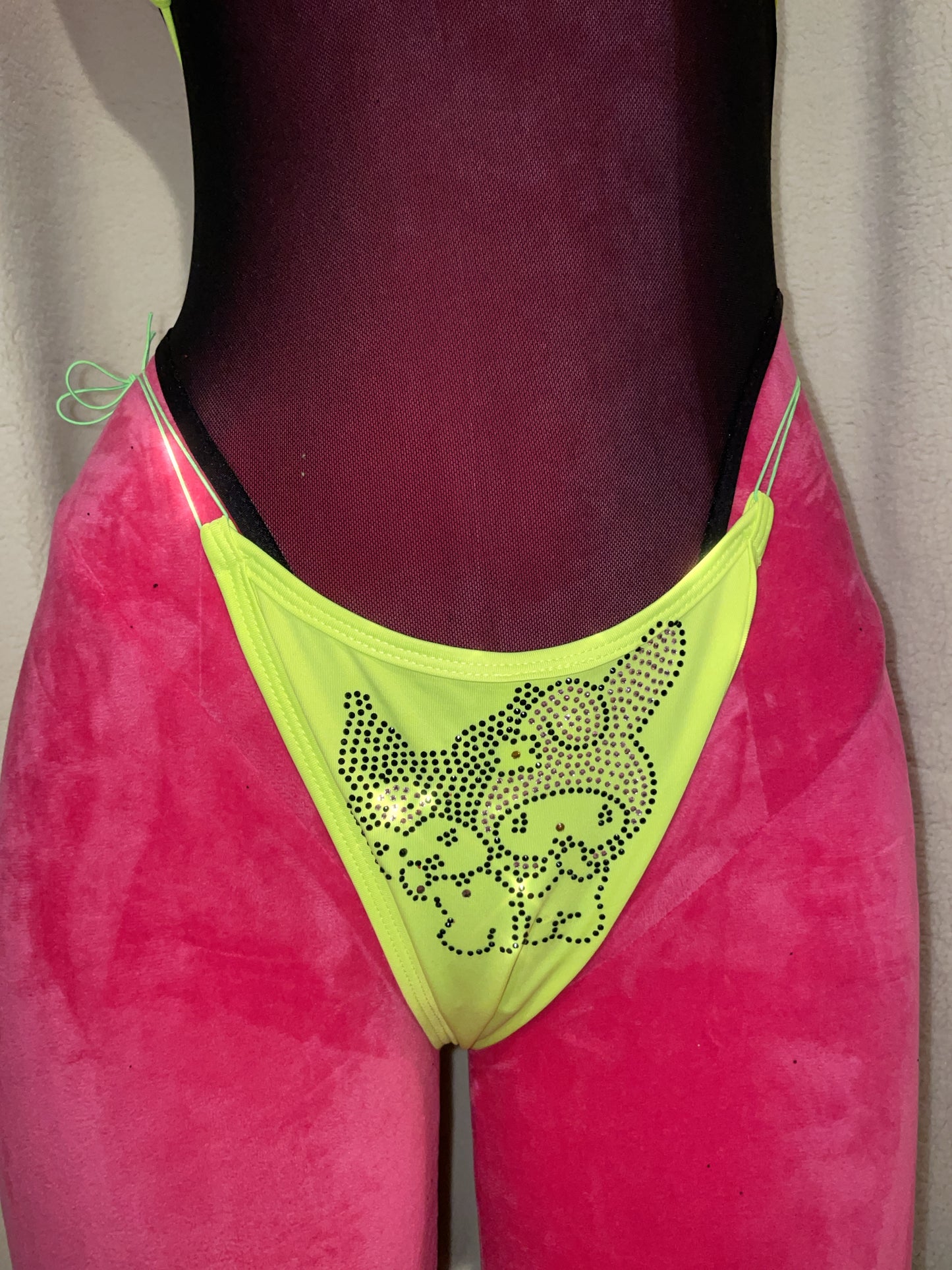 No slip bling bikini - fluro green kitty