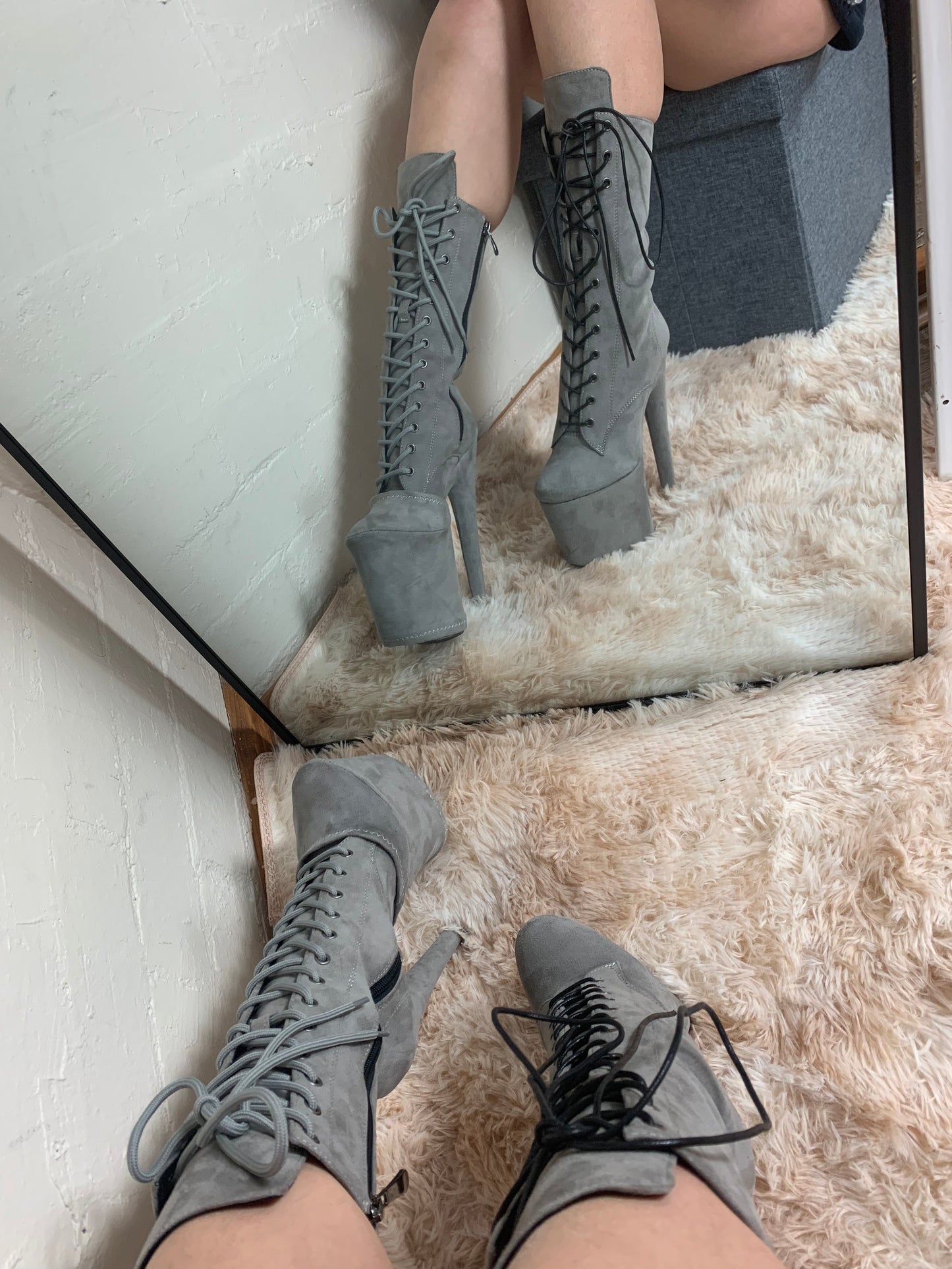 Grey suede 8 inch mid calf boots